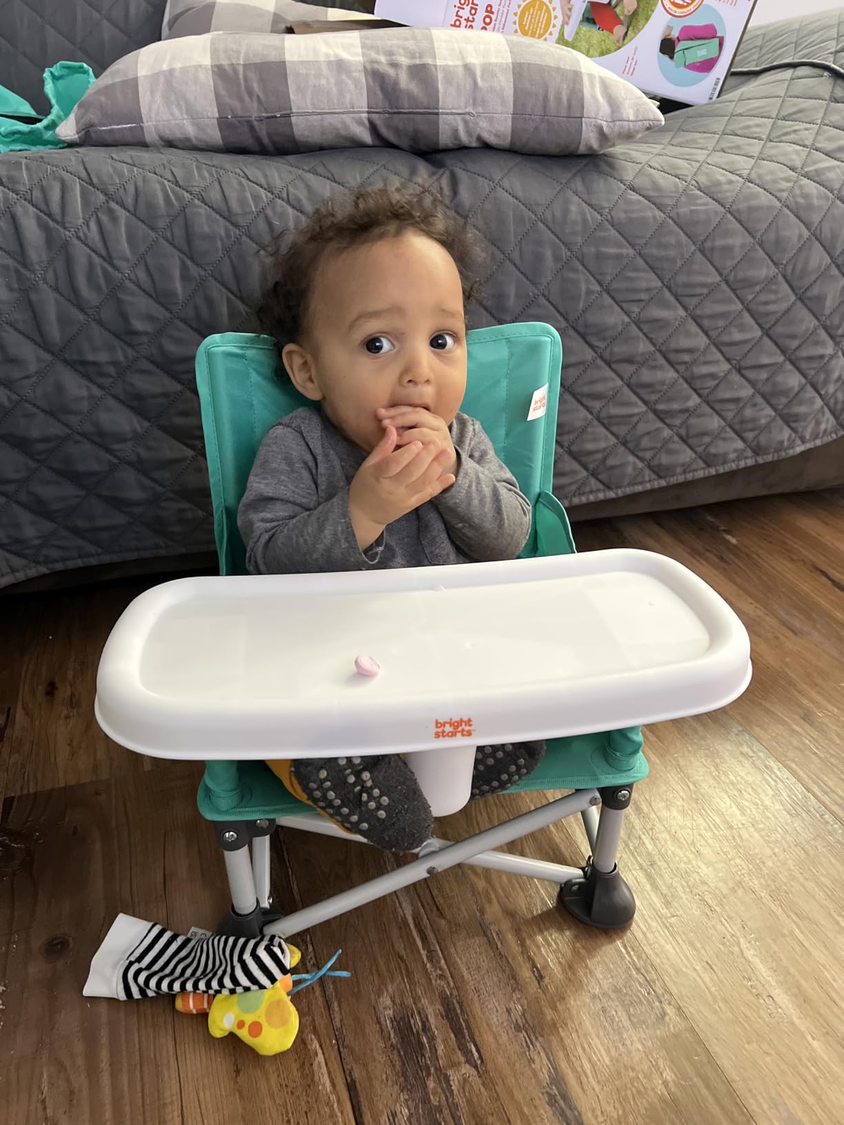 Bright Starts Pop 'N Sit Portable Booster Seat, 3-in-1 Floor Seat, Travel High Chair & Toddler Booster with Feeding Tray, Indoor/Outdoor, Grey, 6 Months-3 Years customer photo 1
