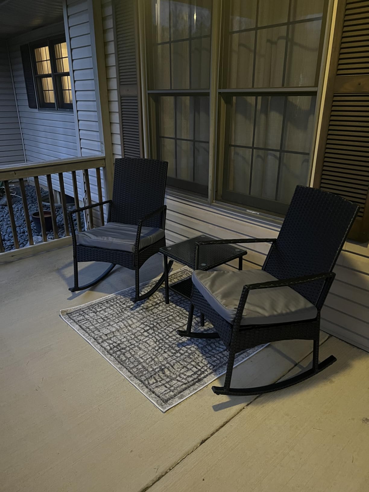 Greesum 3 Pieces Patio Furniture Set Outdoor Wicker Rocking Chairs with Glass Coffee Table for Garden Backyard Porch Poolside, Beige customer photo 1