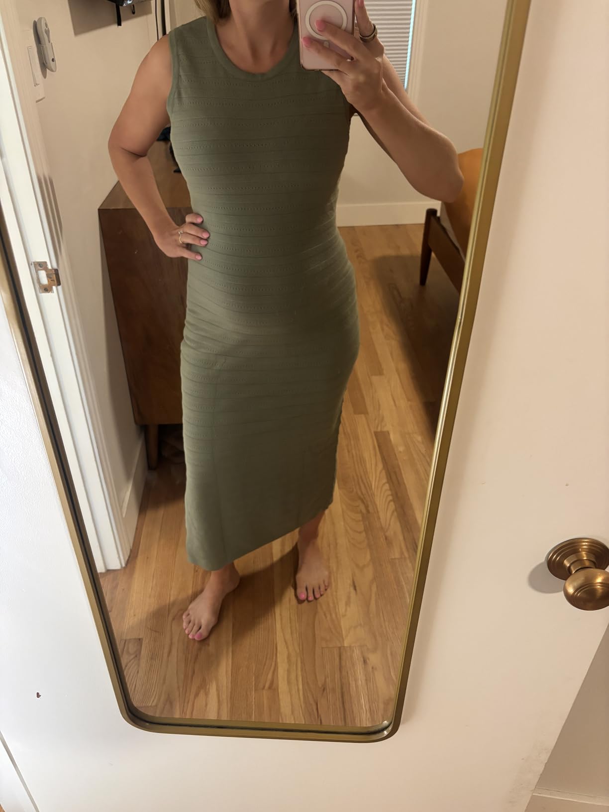 OUGES Women's 2026 Summer Maternity Dress Knit Sleeveless Crewneck Midi Dress Side Slit Striped Bodycon Sweater Dress customer photo 2