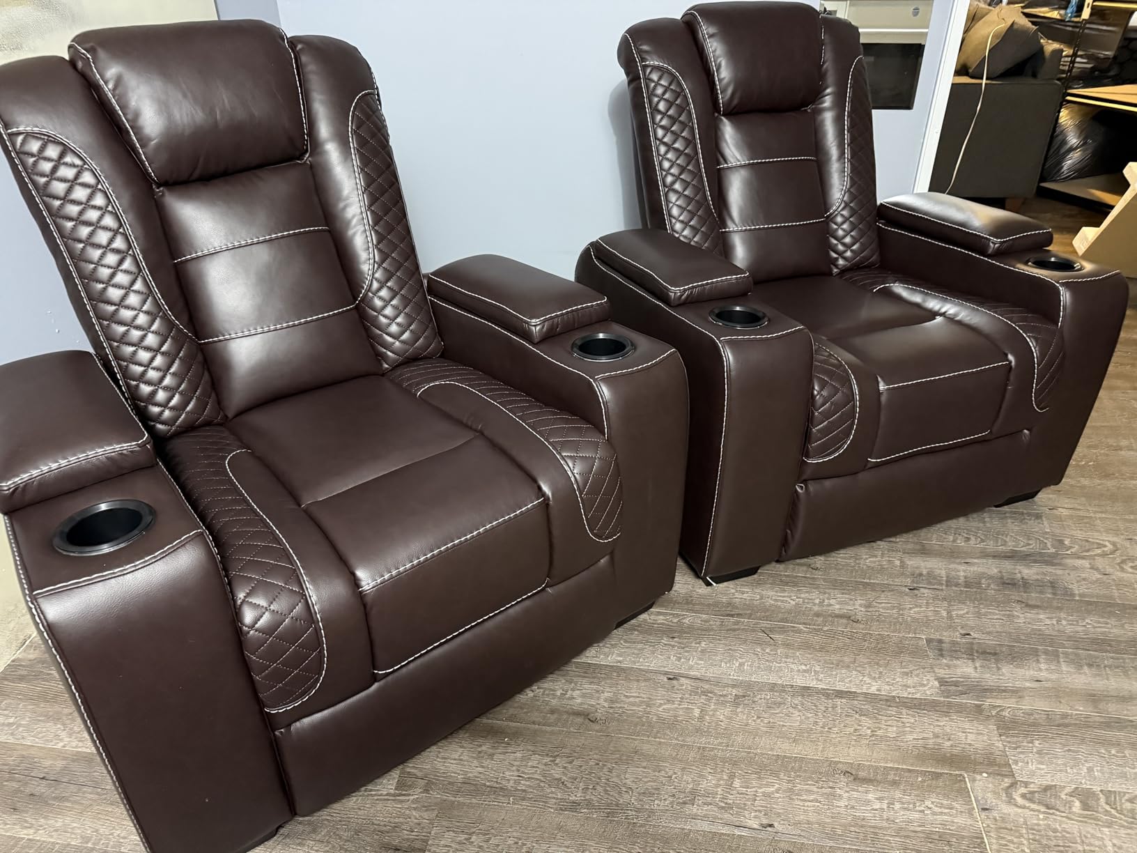 ANJ Power Home Theater Seating Recliner Chairs, PU Leather Recliner with Cup Holders, Electric Movie Theater Reclining Chairs with Adjustable Powered Headrest, LED Lights, Hidden Arm Storage (Black) customer photo 1