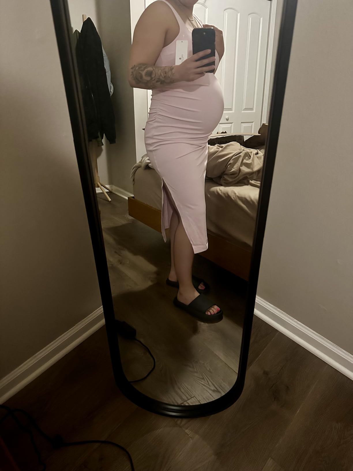 CRZ YOGA Butterluxe Maternity Square Neck Midi Dress - Split Ruched Tanks Womens Pregnancy Bodycon Casual Baby Shower customer photo 1