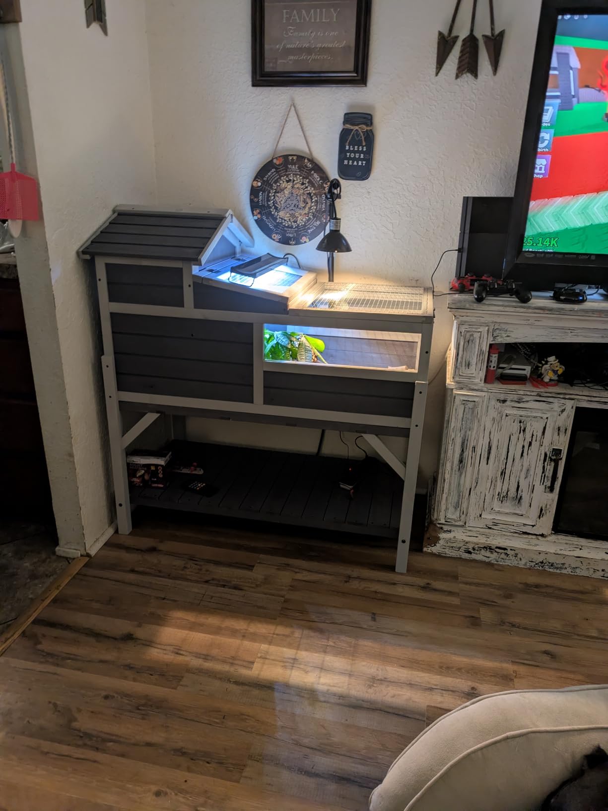 GEGURI Tortoise Habitat House Indoor Outdoor, 3-Room Wooden Turtle Enclosure Reptile Cage with Shelf Storage, Balcony & 2 Stories for Small Animals customer photo 2