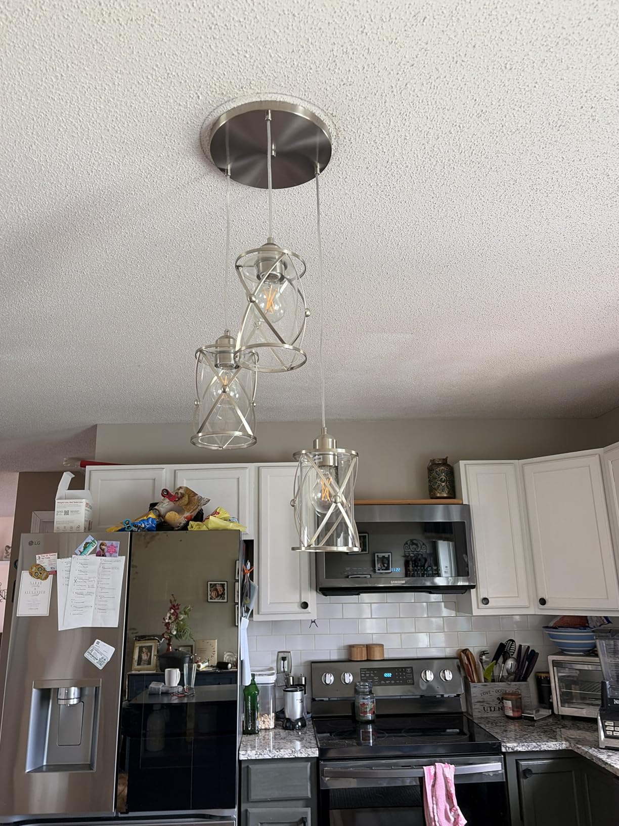 Brushed Nickel Pendant Lights Kitchen Island 3 Pack, Glass Kitchen Pendant Lighting Over Island with Rod, Modern Mini Hanging Light customer photo 2