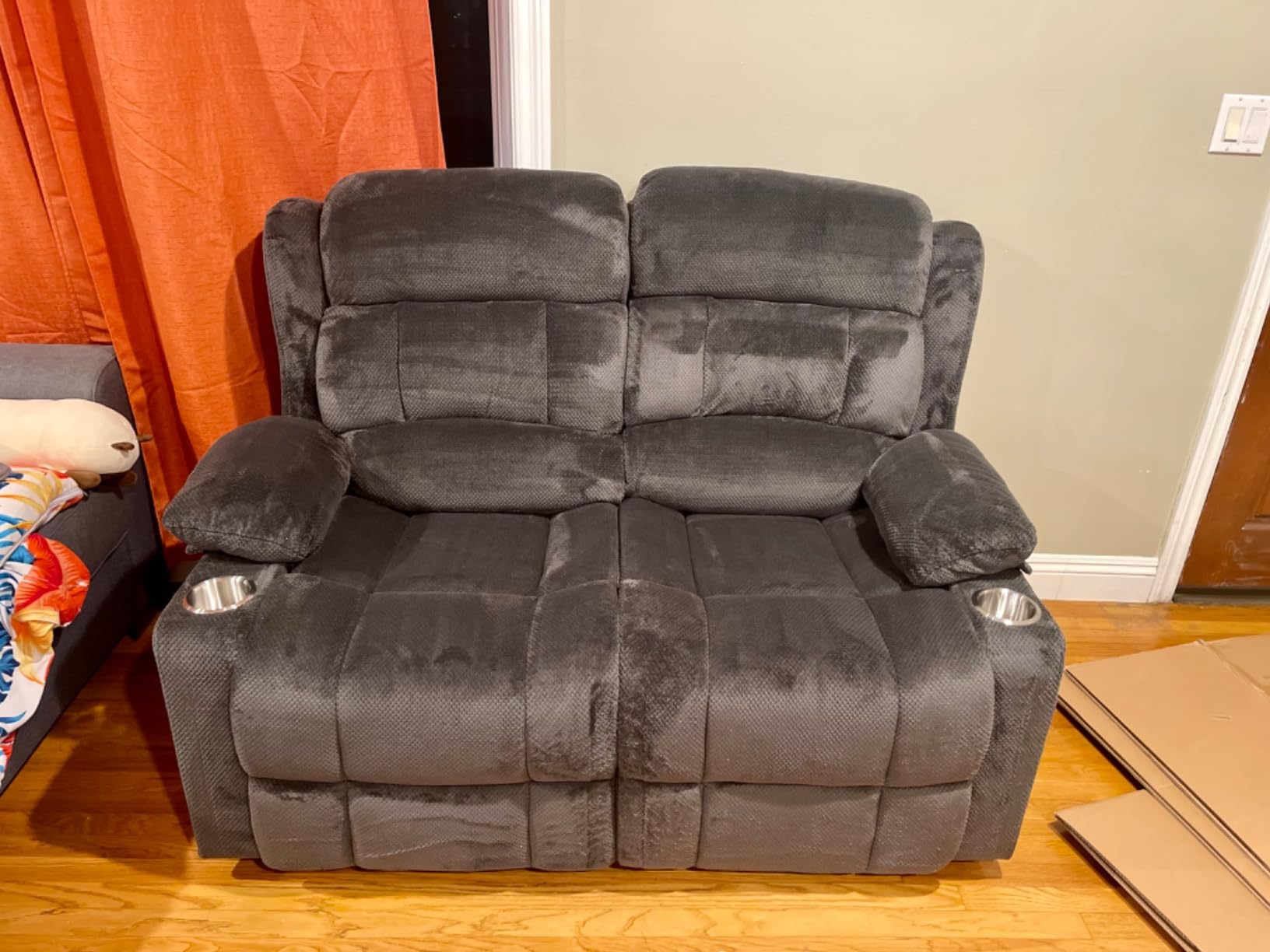 Loveseat Recliner Sofa, 2 Seater Minimalist Style Fabric Manual Pull Tab Reclining Loveseat with USB Charge Ports, Cup Holders, Recliner Love Seat Couches for Living Room, RV, Gray customer photo 2