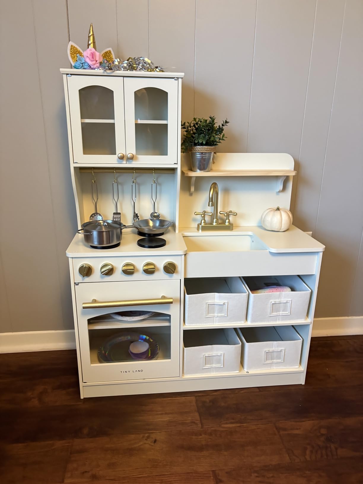 Tiny Land Wooden Play Kitchen for Kids - Enhanced Storage with Cabinets & Bins, Modern Toddler Kitchen Playset with Stove, Sink & Accessories customer photo 1