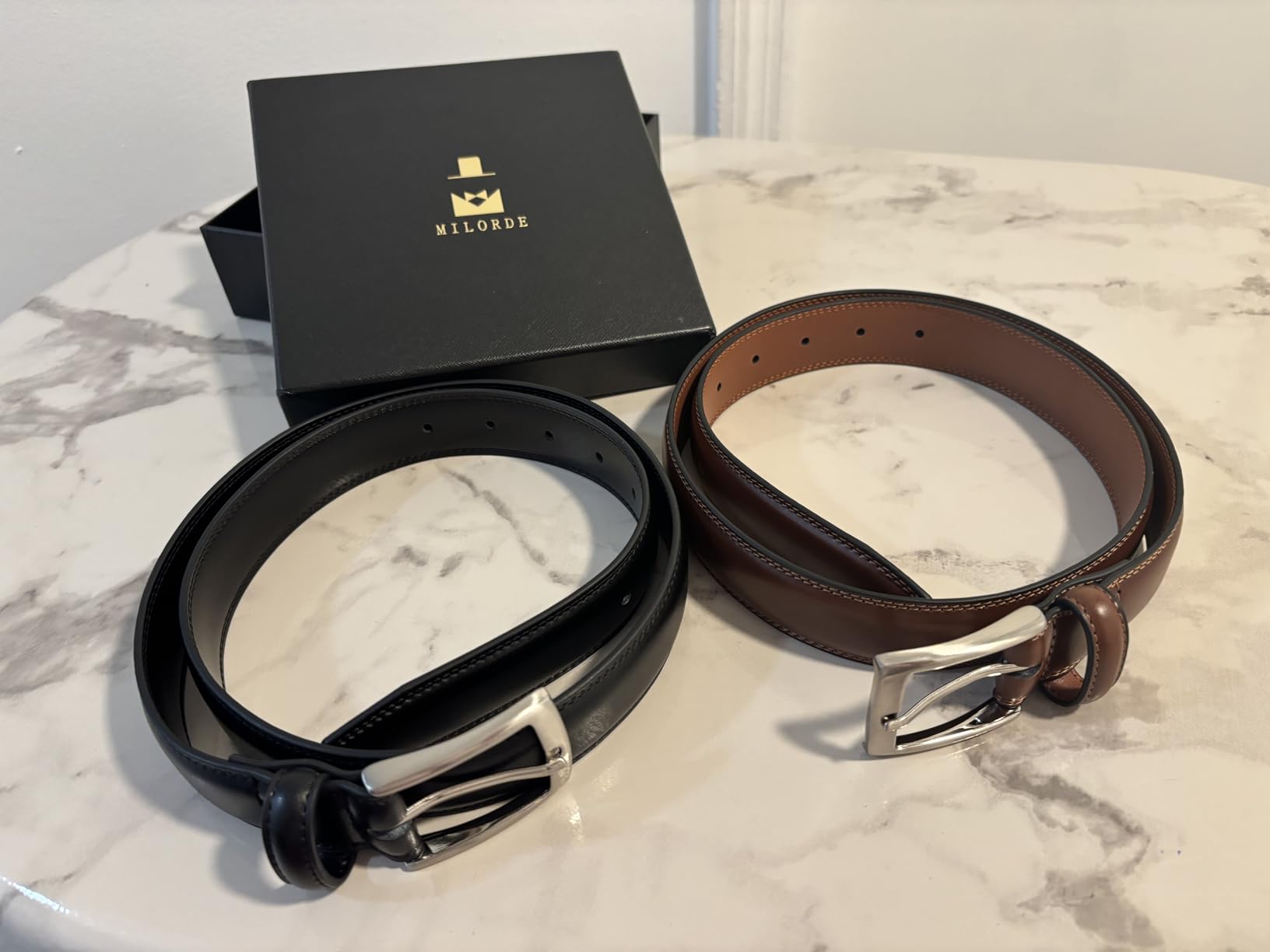 MILORDE Men's Leather Dress Belt 2Pack, Handmade, Genuine Leather, Fashion & Classic Designs for Work Business and Casual customer photo 1