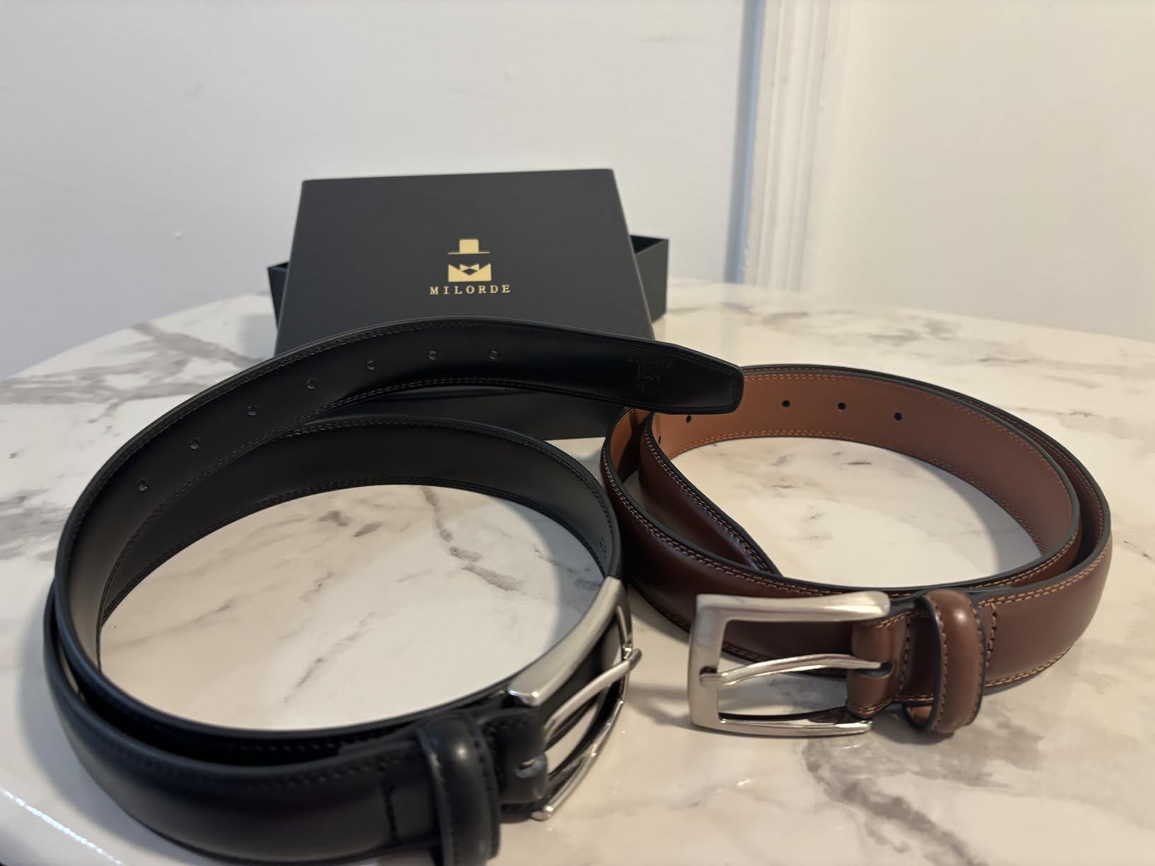 MILORDE Men's Leather Dress Belt 2Pack, Handmade, Genuine Leather, Fashion & Classic Designs for Work Business and Casual customer photo 2