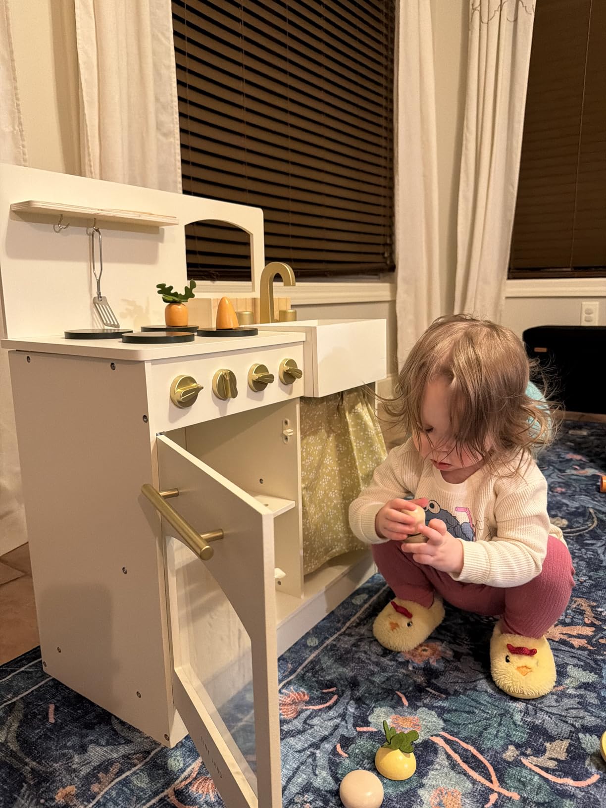Tiny Land Toddler Kitchen Playset, Wooden Play Kitchen Set Toy with Cutting Food & Cookware, Oven, Clicking Knobs, Stove and Sink, Small Toy Kitchen Gift for 1-3 Year Old Kids, Girls & Boys - Cream customer photo 1