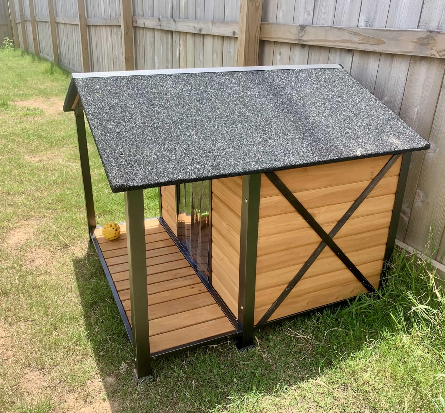 Heated Dog House Outdoor with Insulated Liner, Weatherproof Wooden Dog Shelter for Medium and Large Sized Dogs, Iron Frame Indoor Outdoor Kennel, Pets Warm House in Winter with Large Porch customer photo 1