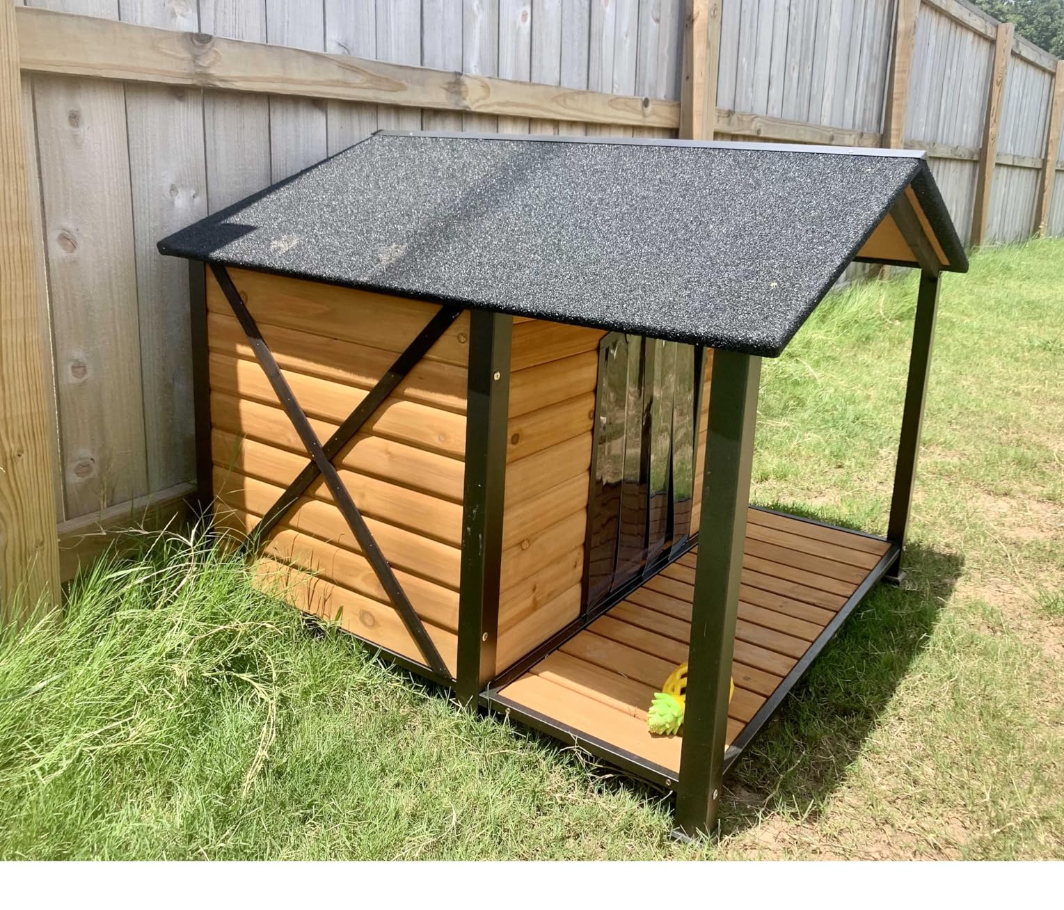 Heated Dog House Outdoor with Insulated Liner, Weatherproof Wooden Dog Shelter for Medium and Large Sized Dogs, Iron Frame Indoor Outdoor Kennel, Pets Warm House in Winter with Large Porch customer photo 2