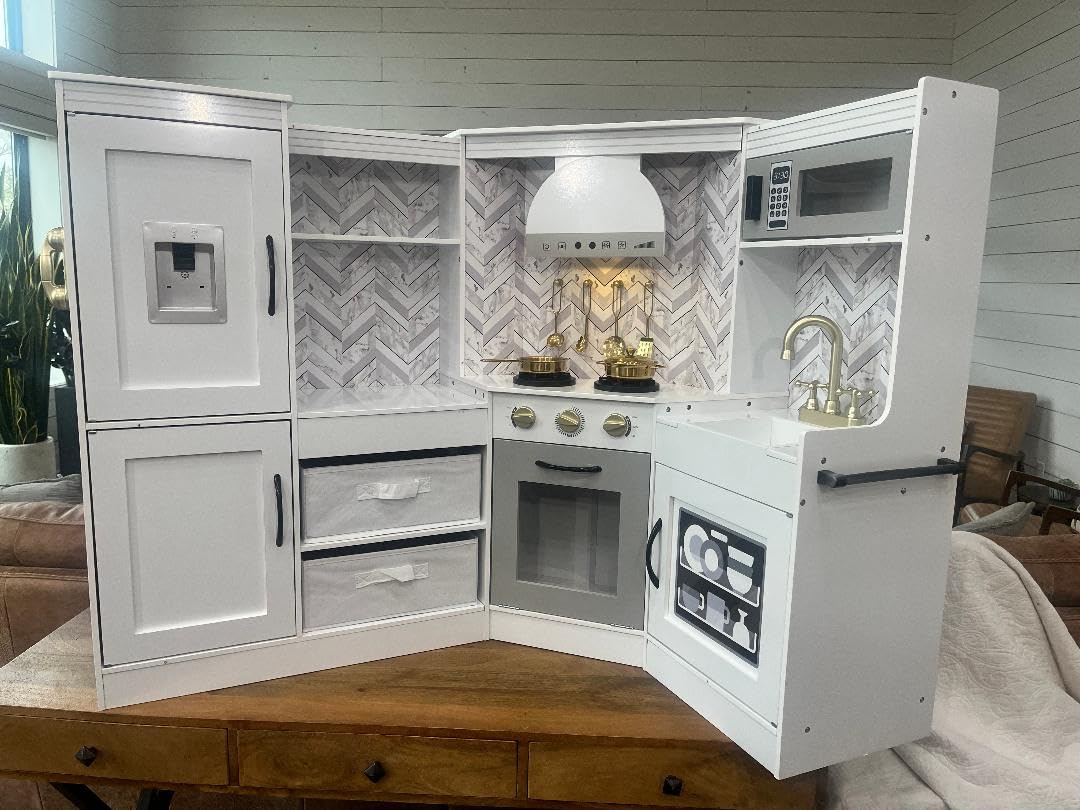 Best Choice Products Pretend Play Corner Kitchen, Ultimate Interactive Wooden Kids Playset w/Lights & Sounds, Ice Maker, Hood - Farmhouse White customer photo 2