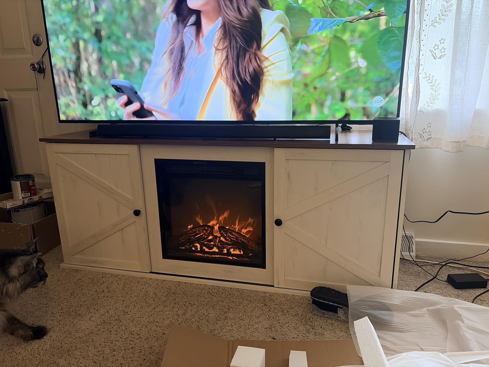 VASAGLE Fireplace TV Stand for TVs up to 80 Inches, 18-Inch Electric Fireplace with Remote, Farmhouse Entertainment Center, Media Console Table for Living Room, Rustic White and Honey Brown ULTV541W01 customer photo 1