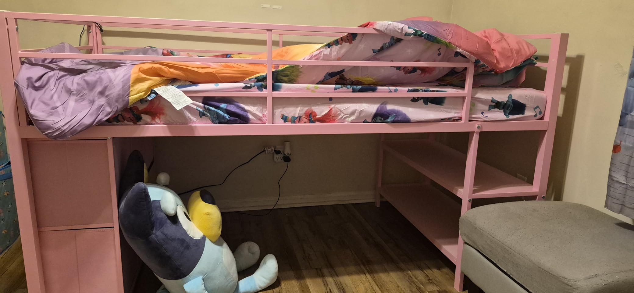 BTHFST Low Loft Bed Twin Size with 6 Storage Drawers, LED Lights, 2 Tier Storage Shelves, Kids Metal Loft Bed with 15