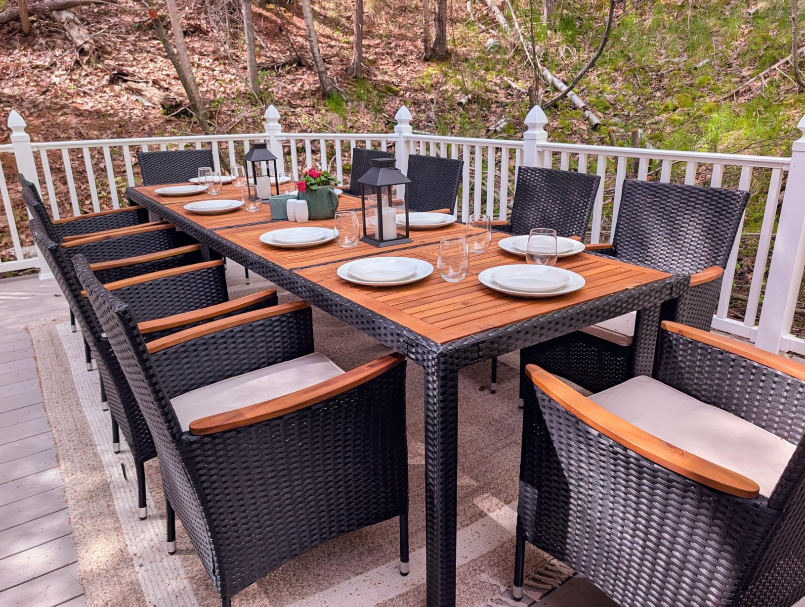 Yaheetech 7 Piece Patio Furniture Set, Outdoor Dining Acacia Wood Table Top Rattan Conversation Set with Soft Cushions, 6 Chairs & 1 Table for Backyard, Deck, Garden & Yard, Black/Beige customer photo 1