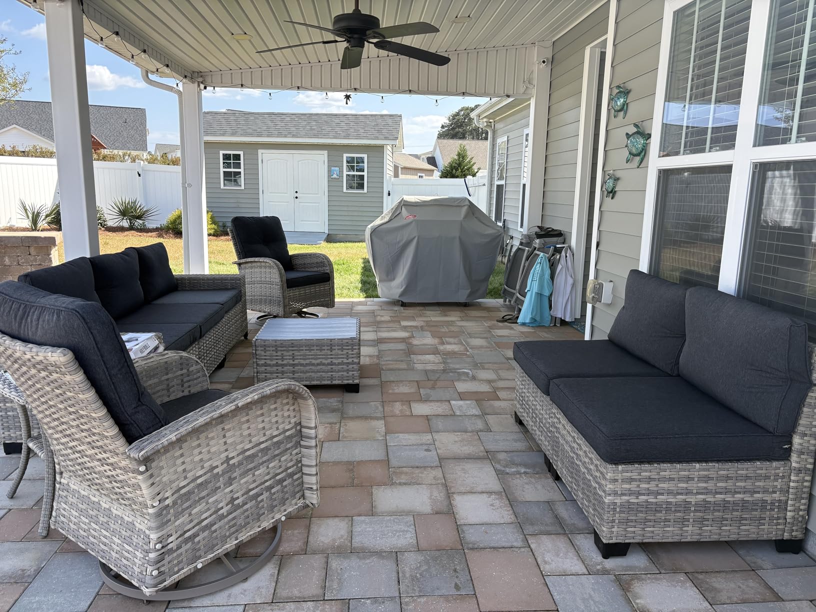 10-Piece Outdoor Patio Furniture Set with Rocking Swivel Chair, PE Wicker Rattan Sectional Sofa Patio Conversation Set with 55,000 BTU Fire Pit Table & Coffee Table, Grey customer photo 1