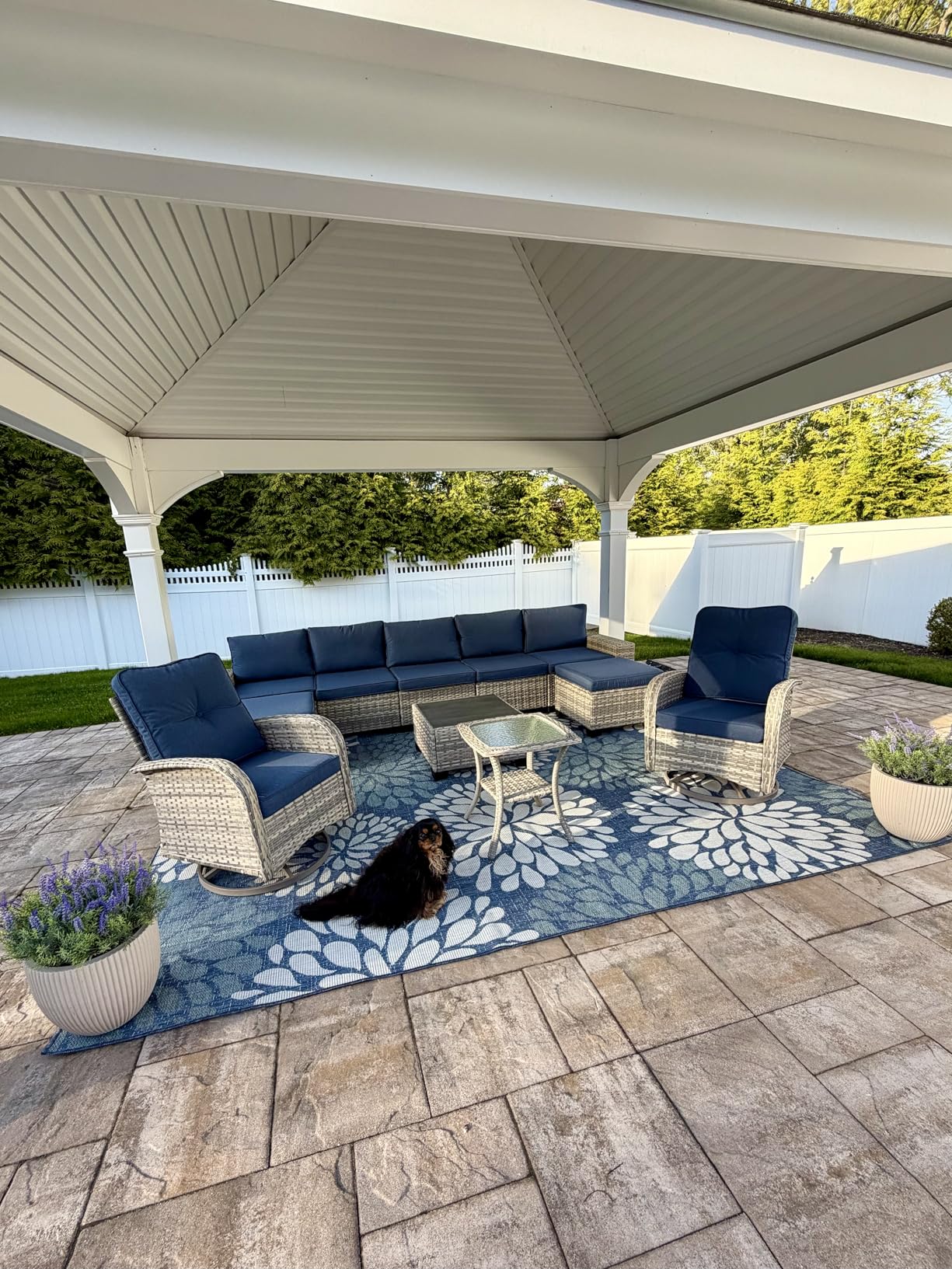 10-Piece Outdoor Patio Furniture Set with Rocking Swivel Chair, PE Wicker Rattan Sectional Sofa Patio Conversation Set with 55,000 BTU Fire Pit Table & Coffee Table, Grey customer photo 2