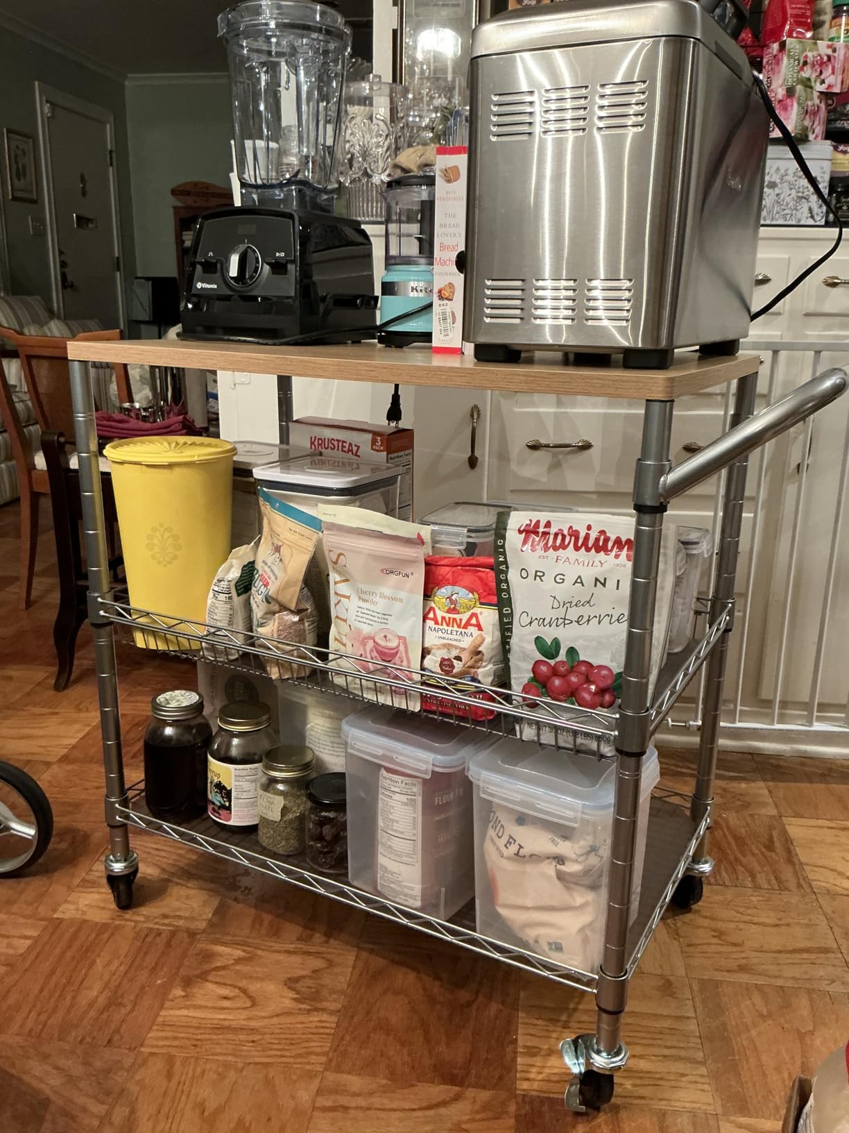 3 Tier Rolling Kitchen Carts on Wheels with Storage, 650Lbs Heavy Duty Utility Carts with Wheels, Kitchen Island with Wood Tabletop, Metal Serving Rolling Cart for Small Appliance Food Cart, Wood+Metal customer photo 1