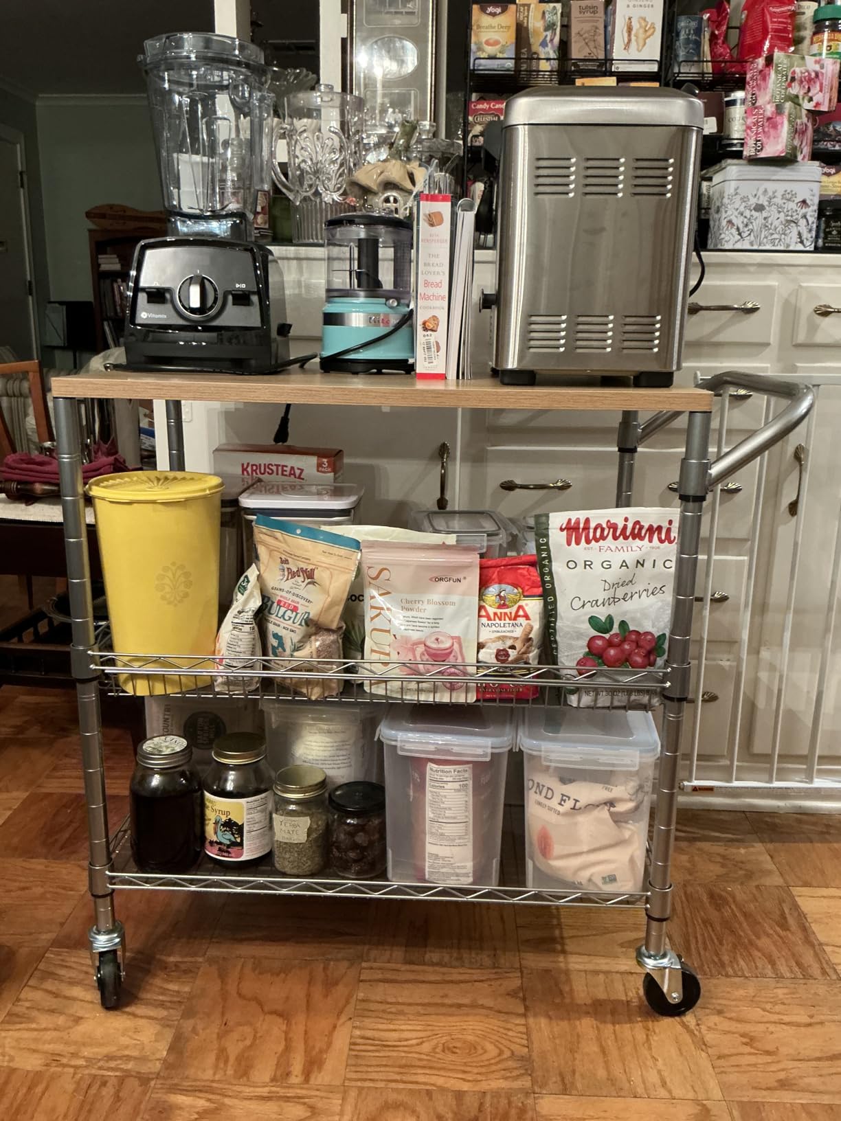 3 Tier Rolling Kitchen Carts on Wheels with Storage, 650Lbs Heavy Duty Utility Carts with Wheels, Kitchen Island with Wood Tabletop, Metal Serving Rolling Cart for Small Appliance Food Cart, Wood+Metal customer photo 2