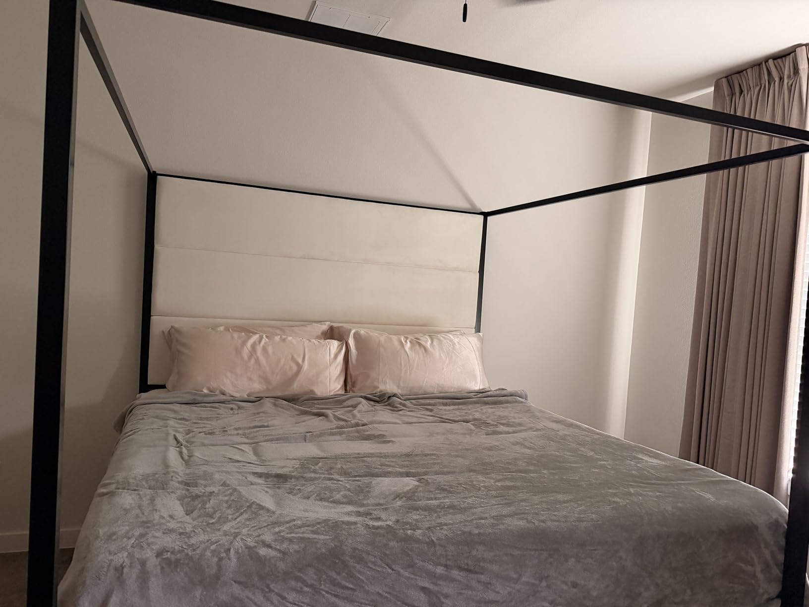 LUMISOL King Size Metal Canopy Bed Frame, Modern 4-Poster Bed with Tall Linen Upholstered Headboard, Gold Canopy Bed with Headboard, Box Spring Needed, Easy Assembly, Gold + Tan customer photo 2