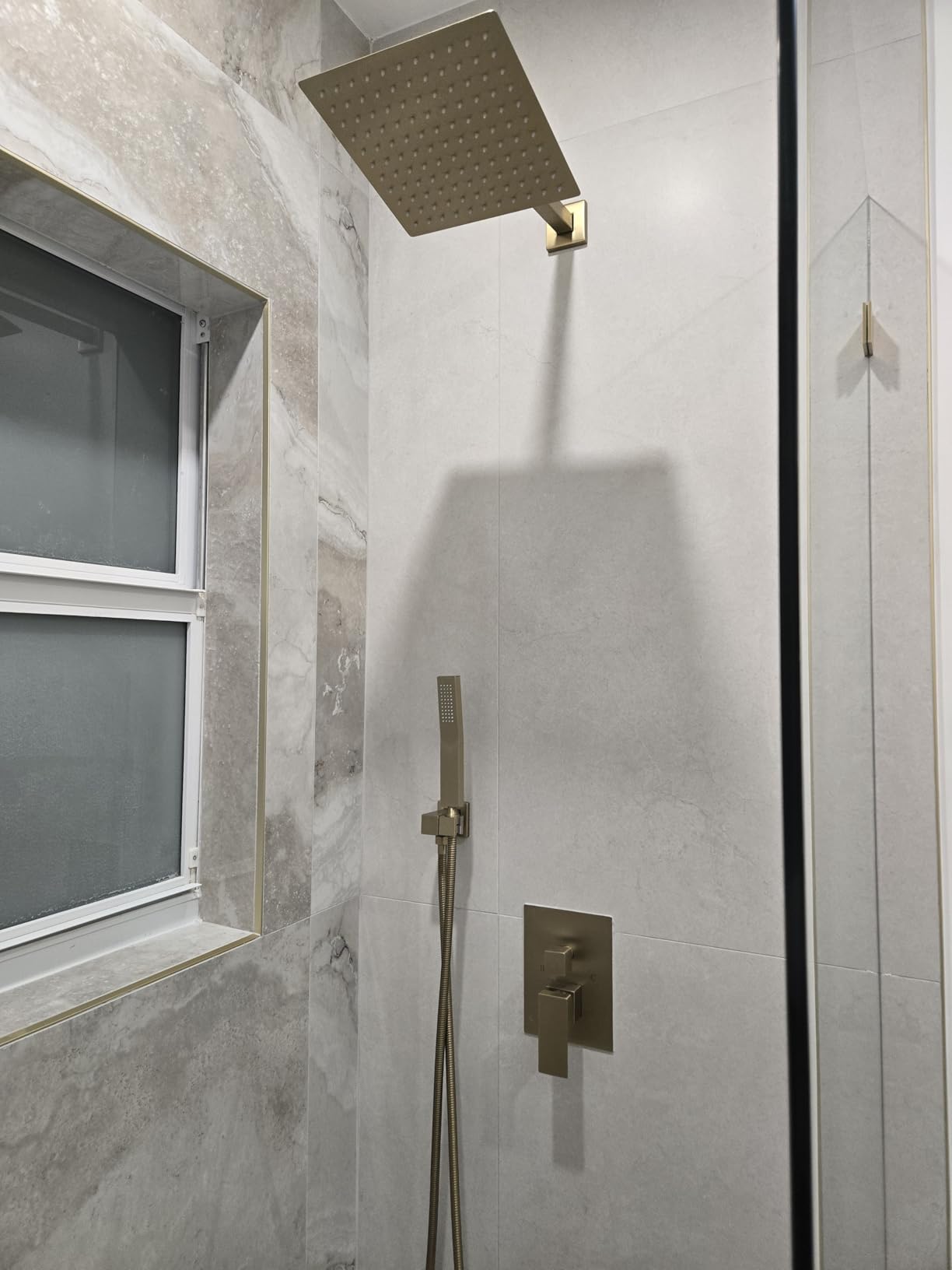 Shower Faucet Set with Shower Head, Wall Mount 10 Inch Square Rainfall Shower Head and Handle Set Single Handle Shower System Set with Female Threads Valve Body and Trim Included(Brush Nickel) customer photo 2