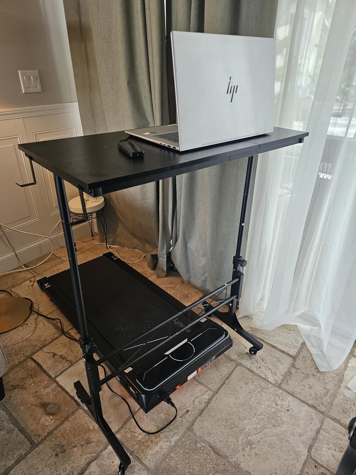 WINAZ Small Portable Treadmill Walking Pad Desk on Wheels, 32 Inch White Adjustable Height Mobile Rolling Standing Teacher Desks, Couch Sofa Side Laptop Stand Up Table for Bedroom, White customer photo 2