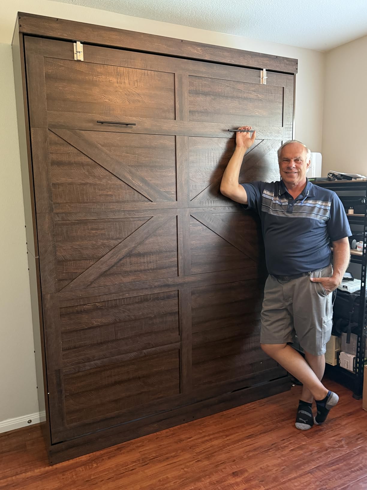 Hlivelood Queen Size Murphy Bed with 2 LED Lights, Farmhouse Wood Hidden Foldable Wall Bed Frame w/Gas Struts, Storage Bed Cabinet for Bedroom, Office, Space-Saving, No Box Spring Needed, Brown customer photo 1