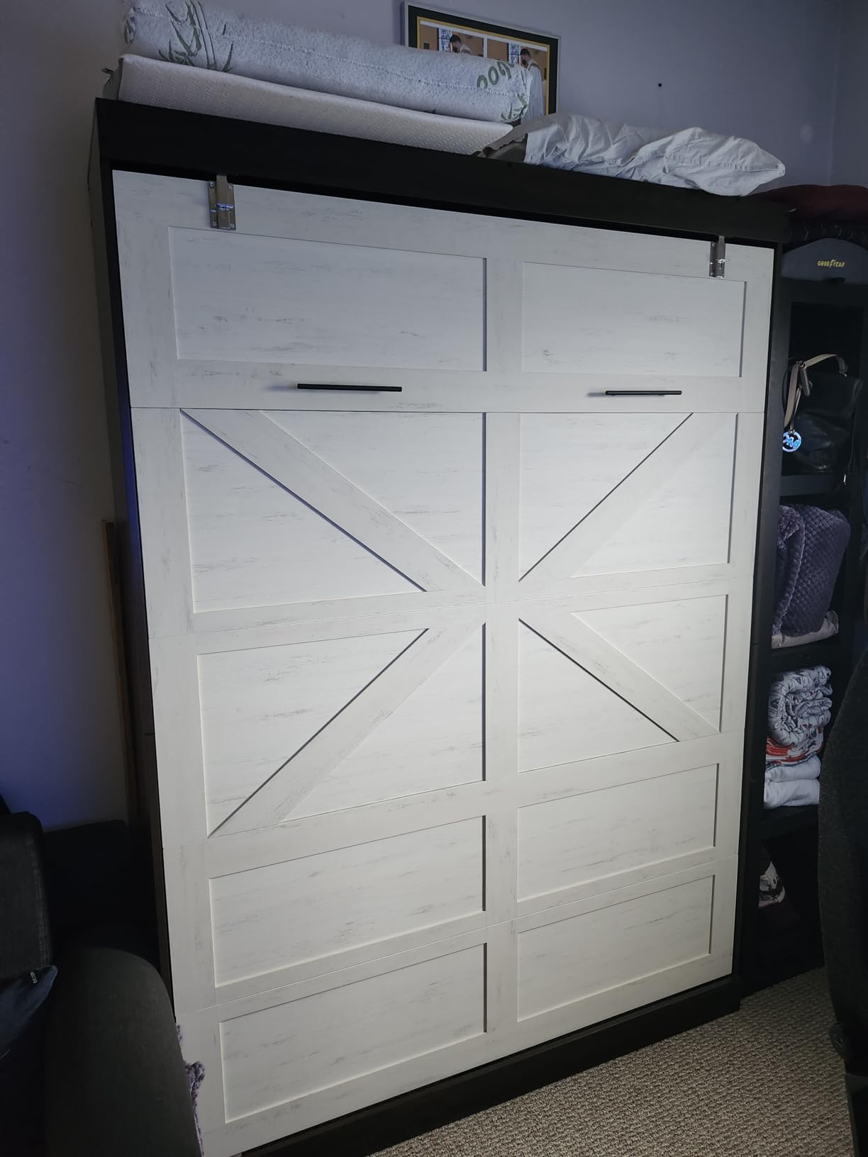 Hlivelood Queen Size Murphy Bed with 2 LED Lights, Farmhouse Wood Hidden Foldable Wall Bed Frame w/Gas Struts, Storage Bed Cabinet for Bedroom, Office, Space-Saving, No Box Spring Needed, Brown customer photo 2