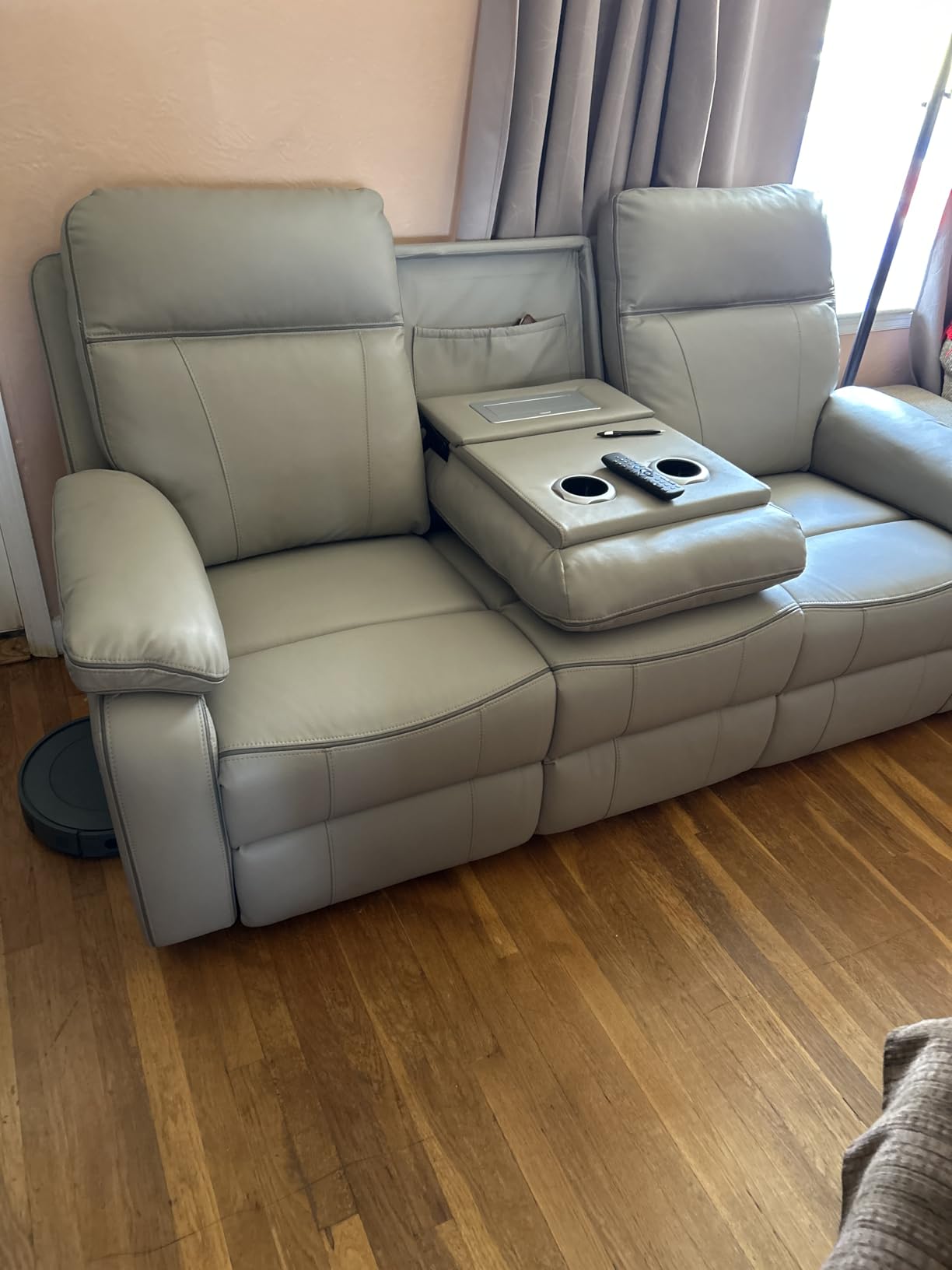Power Reclining Sofa with Fold Down Table, Breathable Leather Electric Reclining Couch, Power Loveseat Recliner Sofa with Cup Holders/Outlets/USB-C/A Ports for Living Room (Grey, 3 Seat) customer photo 1