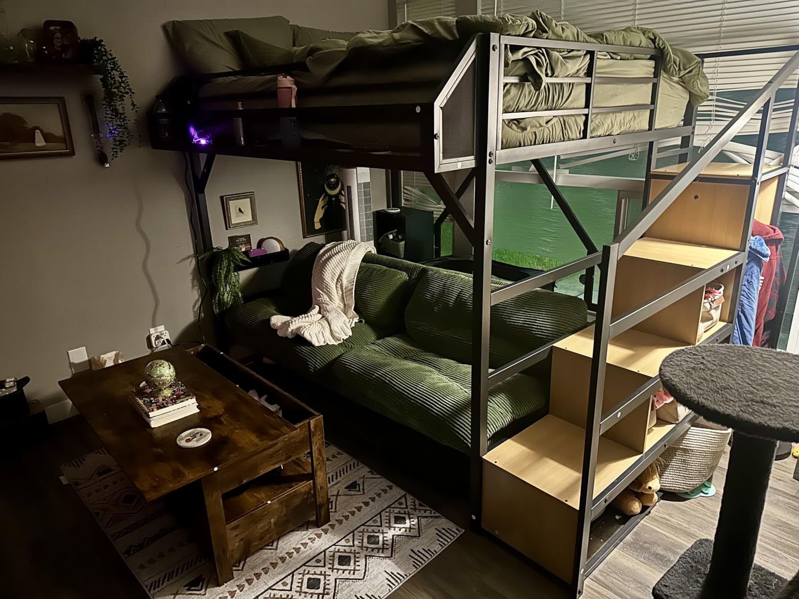Bellemave Full Loft Beds with Storage Beside Shelves and Wardrobe, Metal Loft Bed with LED Lights and USB Ports, Heavy-Duty Loft Bed Frame for Teens, Adults, Noise-Free & Space-Saving, Black+Natural customer photo 1