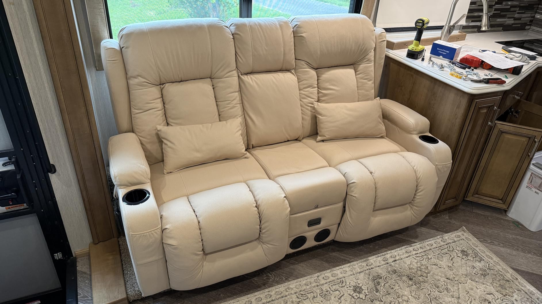 URRED Power Loveseat Recliner Sofa with Massage and Heat, Wall Hugger Reclining Loveseat with Console, RV Couch Home Theater Seating with LED Lights for Living Room (Dark Brown, 67