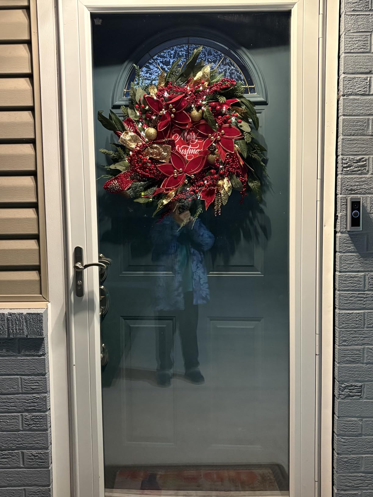 Christmas Wreath with Lights, 24 Inch Lighted Christmas Wreath for Front Door, Winter Wreath with LED Lights, red Berries, Pinecones, Gold Ball, Red Bow, Merry Christmas Sign for Indoor or Outdoor customer photo 1