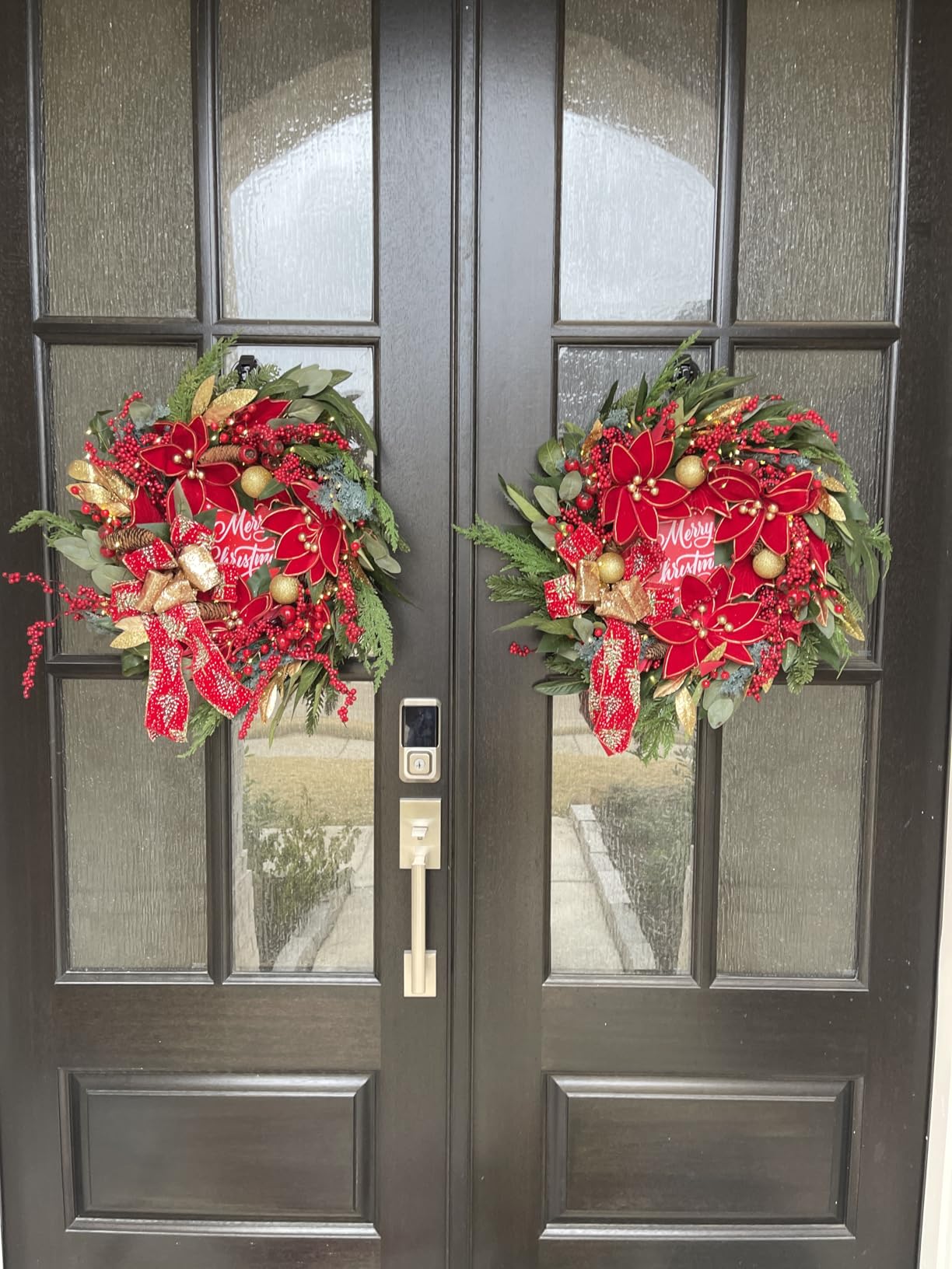 Christmas Wreath with Lights, 24 Inch Lighted Christmas Wreath for Front Door, Winter Wreath with LED Lights, red Berries, Pinecones, Gold Ball, Red Bow, Merry Christmas Sign for Indoor or Outdoor customer photo 2