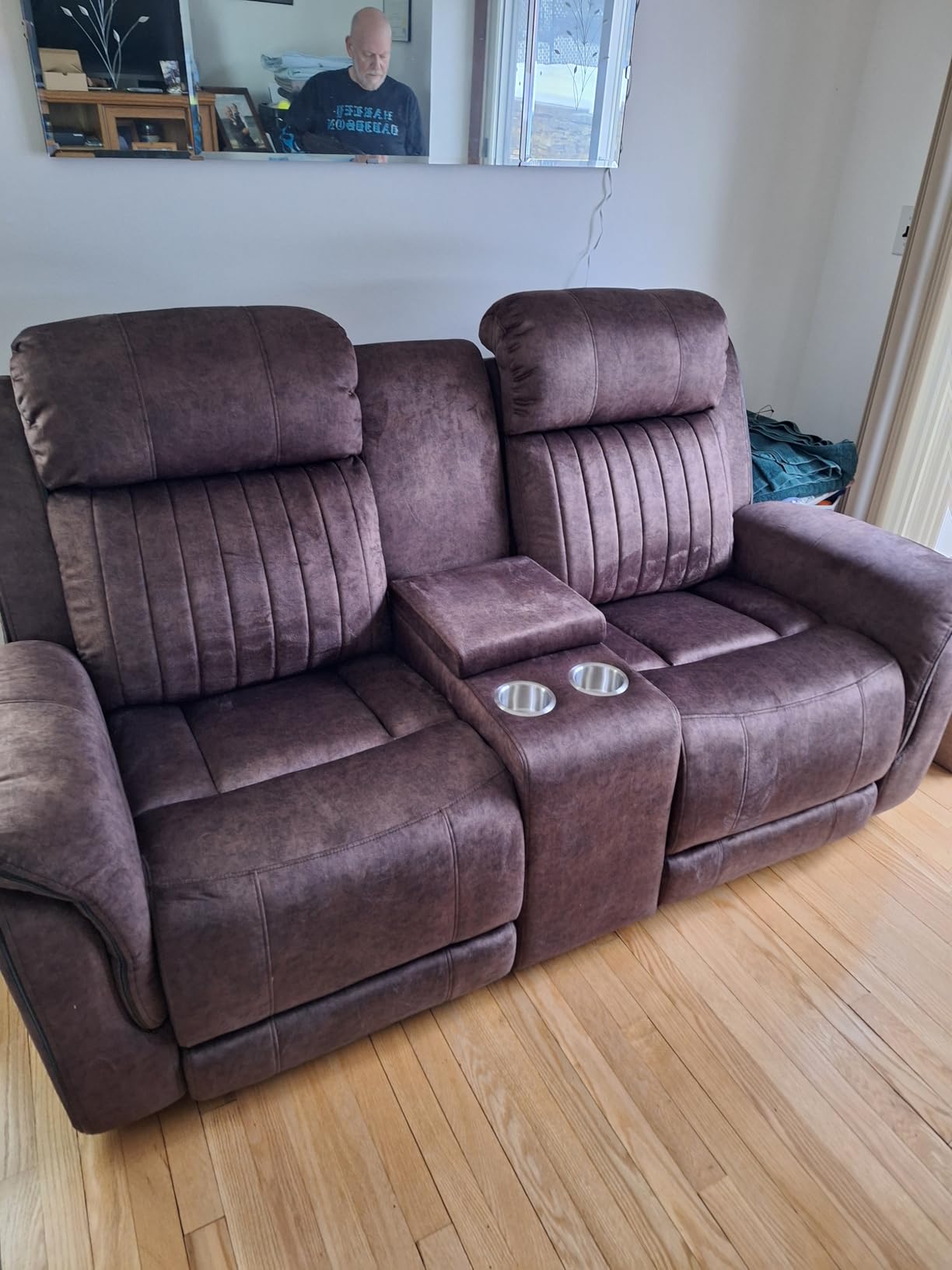 Zero Gravity Power Recliner Sofa Couch - Electric Reclining Sofa with Drop Down Table & Wireless Charging, 3 Seater Dual Reclining Couch with Adjustable Headrests for Living Room (Velvet, Grey) customer photo 1