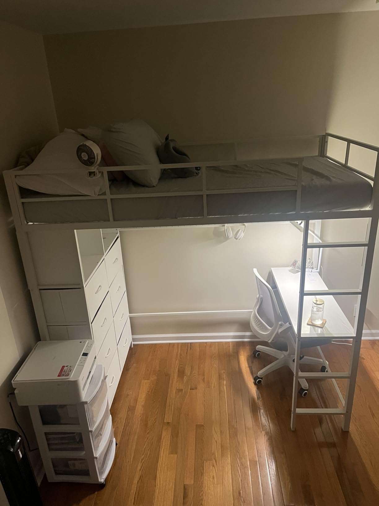 ADORNEVE Loft Bed Full Size with Desk and 8 Storage Drawers, LED Metal Loft Bed with Power Outlet, 2 Shelves & Clothing Rack, Bed with Safety Guardrail & Ladder, Space-Saving, Grey customer photo 1