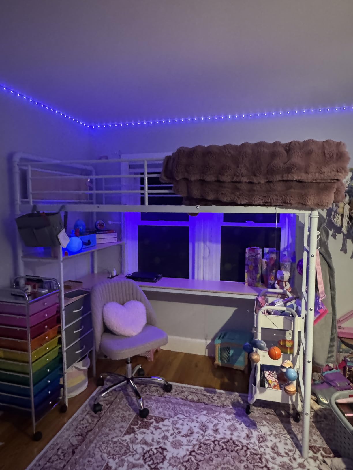 Full Size Loft Bed with L-Shaped Desk, LED Lights, Charging Station, Industrial Heavy Duty Metal Loft Bed Frame with 3 Storage Shelves and 3 Fabric Drawers, Safety Guard & Ladder, Vintage Brown customer photo 1