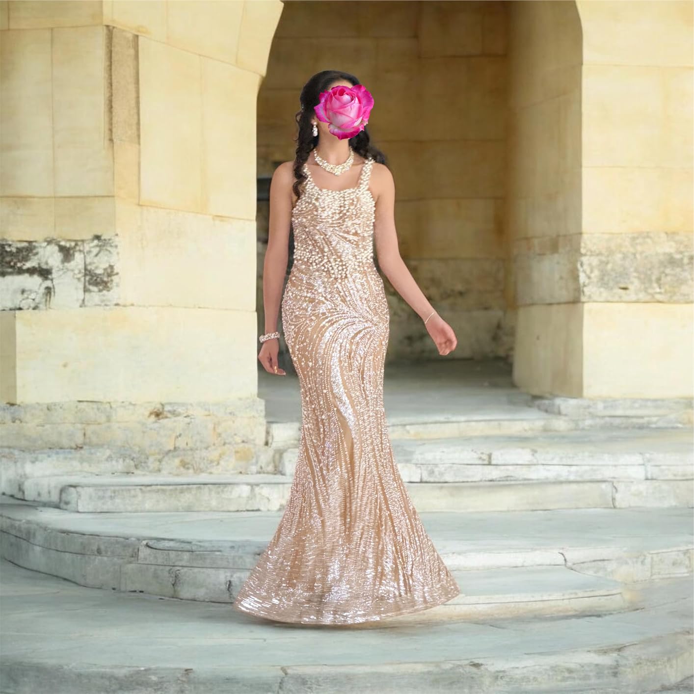 Women's Square Neck Sequin Beaded Mermaid Formal Evening Dress Spaghetti Strap Bodycon Prom Party Cocktail Maxi Gown customer photo 1