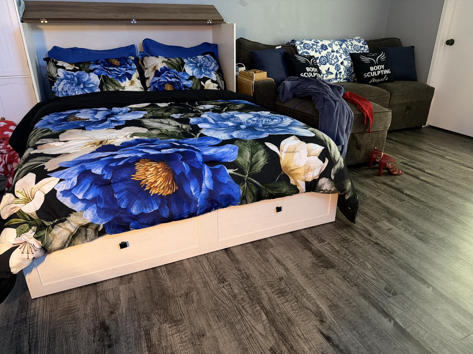 LUXOAK Full Murphy Bed Cabinet with Charging Station, Foldable Platform Bed Frame with Drawer, Space-Saving Guest Bed for Home Office or Small Spaces, Rustic Grey customer photo 1