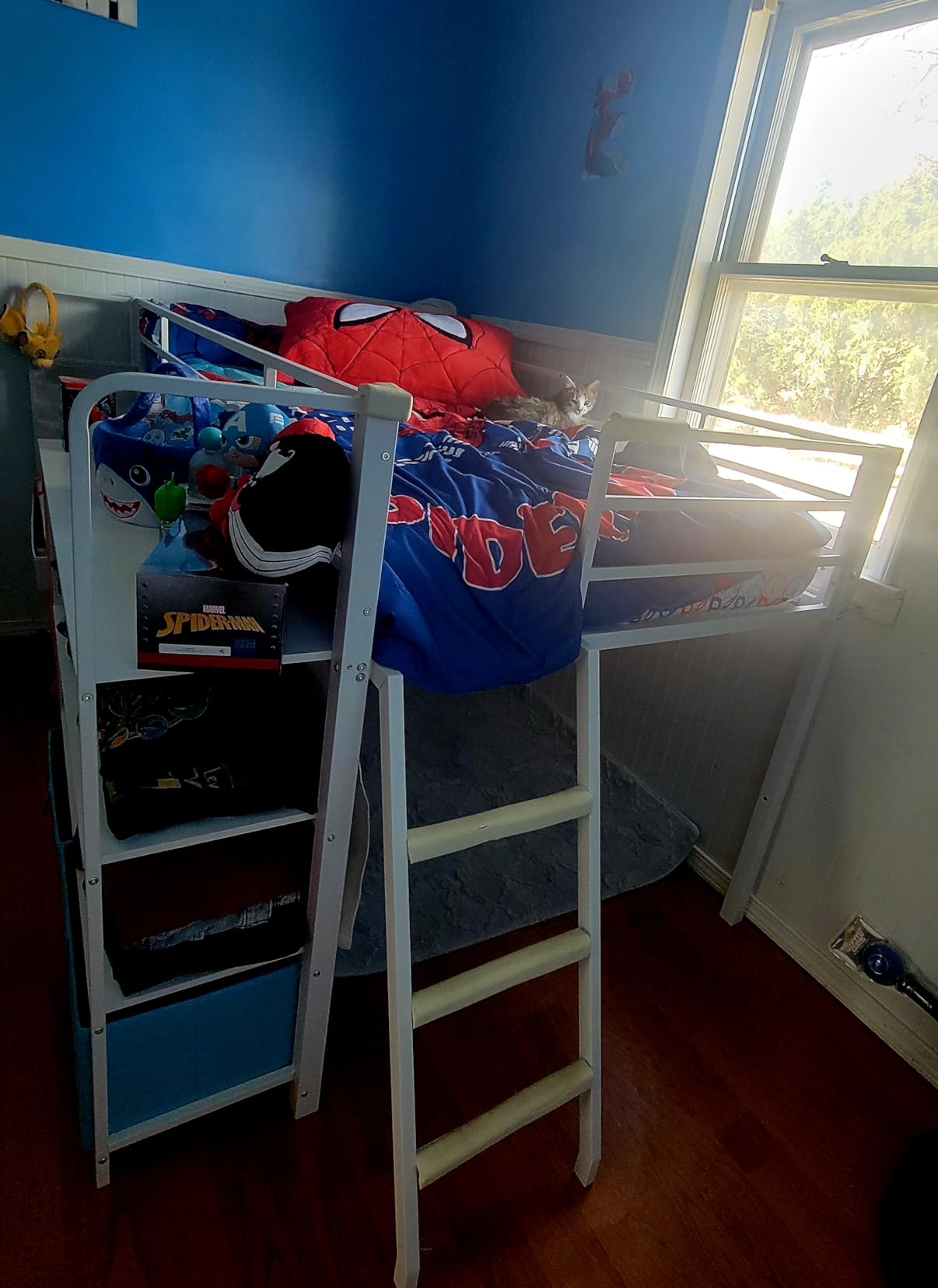 DICTAC Low Loft Bed with Desk and 6 Storage Drawers Twin Loft Bed with Bookshelf, LED Lights & Under-Bed Play Space, Kids Twin Beds with 13.8