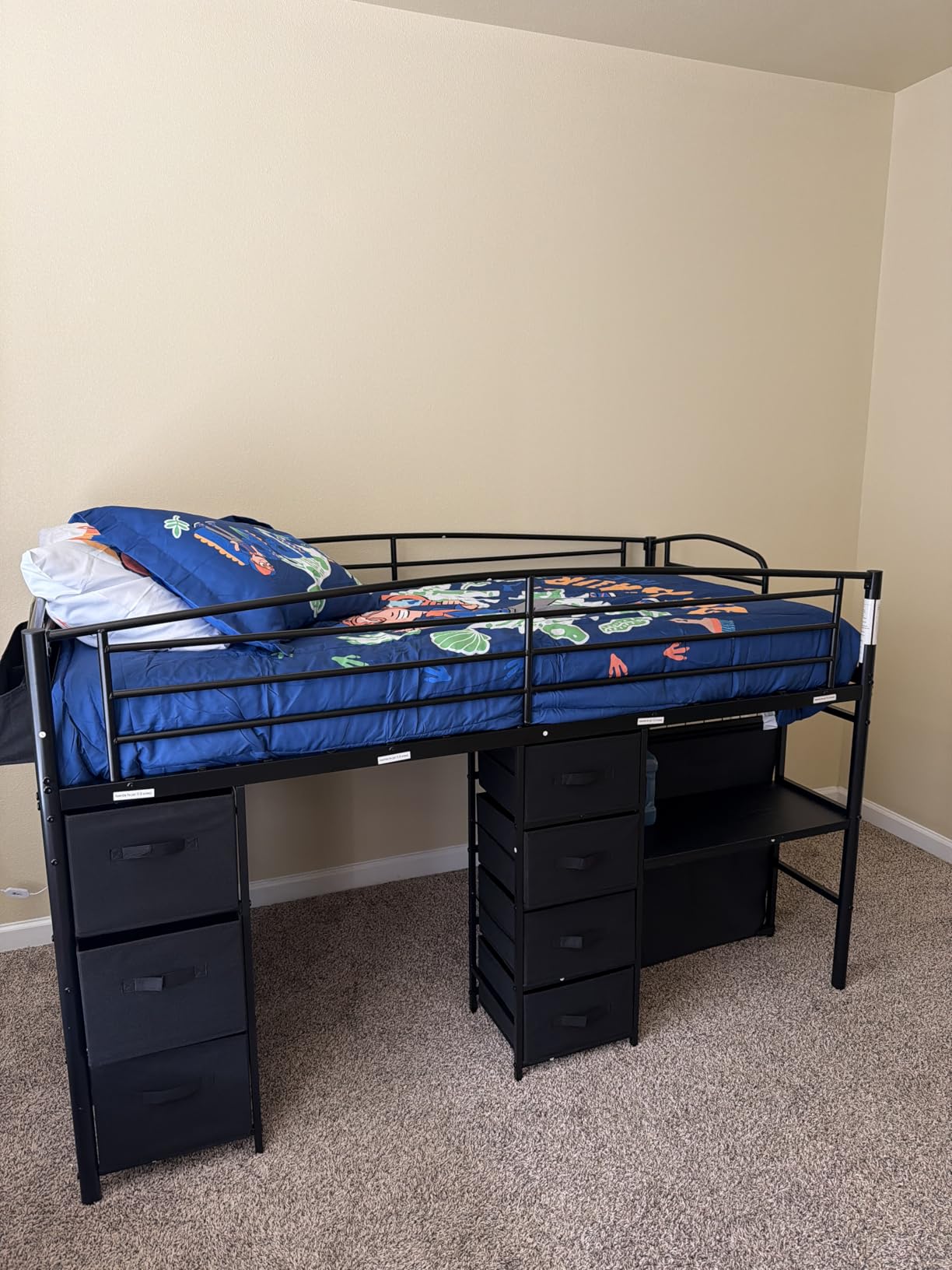Low Loft Bed Twin Size with 7 Storage Drawers, Desk and LED Lights, Heavy Duty Metal Kids Loft Bed with 12