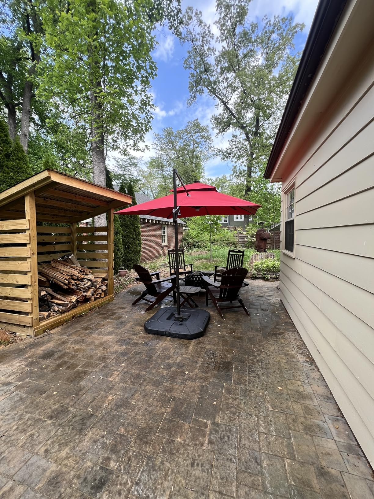 JZAC & QZYD 9x9 FT Outdoor Cantilever Patio Umbrella with Base Included and Solar LED Lights, Large Heavy Duty 2-Tier Square Aluminum Offset Umbrellas with 360-Degree Rotation for Pool Deck, Beige customer photo 2