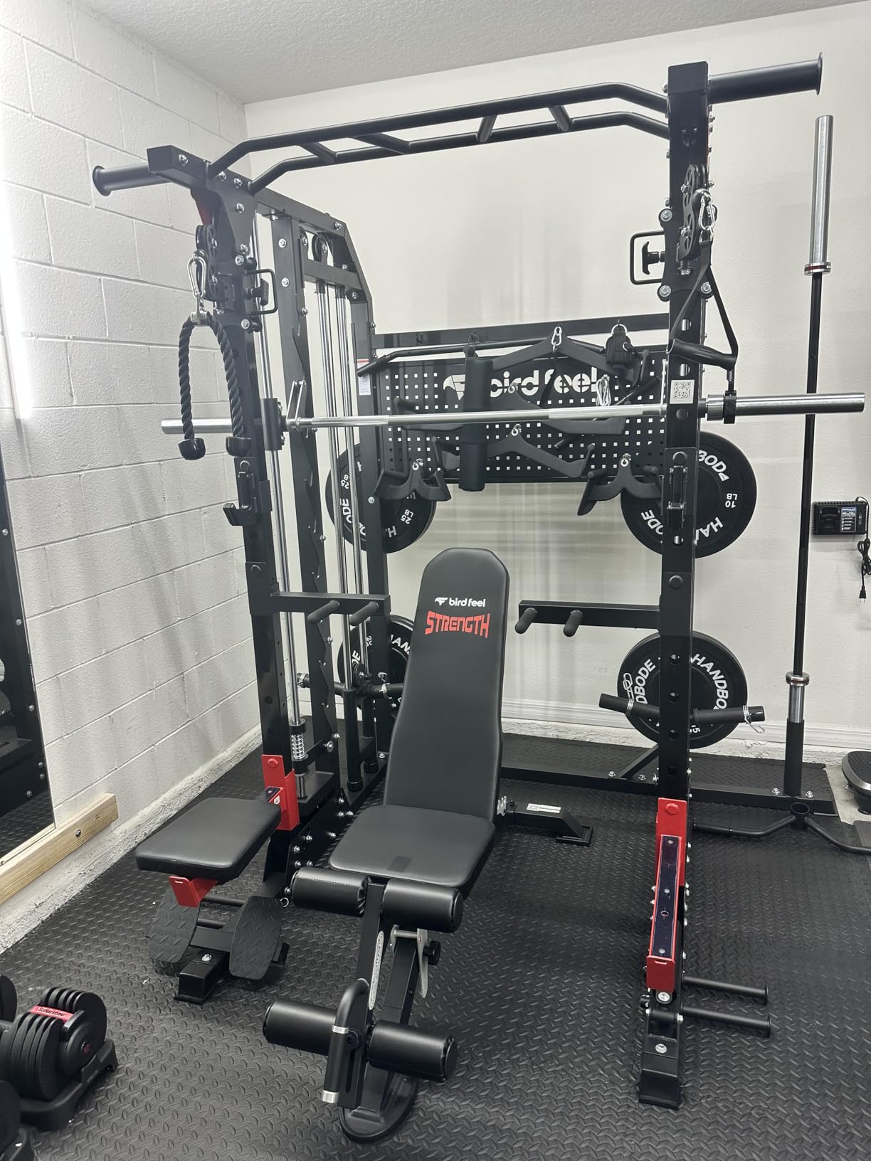 Multi-Function 2000LB Smith Machine Power Cage, Home Gym Squat Rack Featuring LAT Pulldown, Dual Pulley Cable Crossover, Gym-Quality Power Rack with Strength Training Attachments, Pegboard customer photo 2