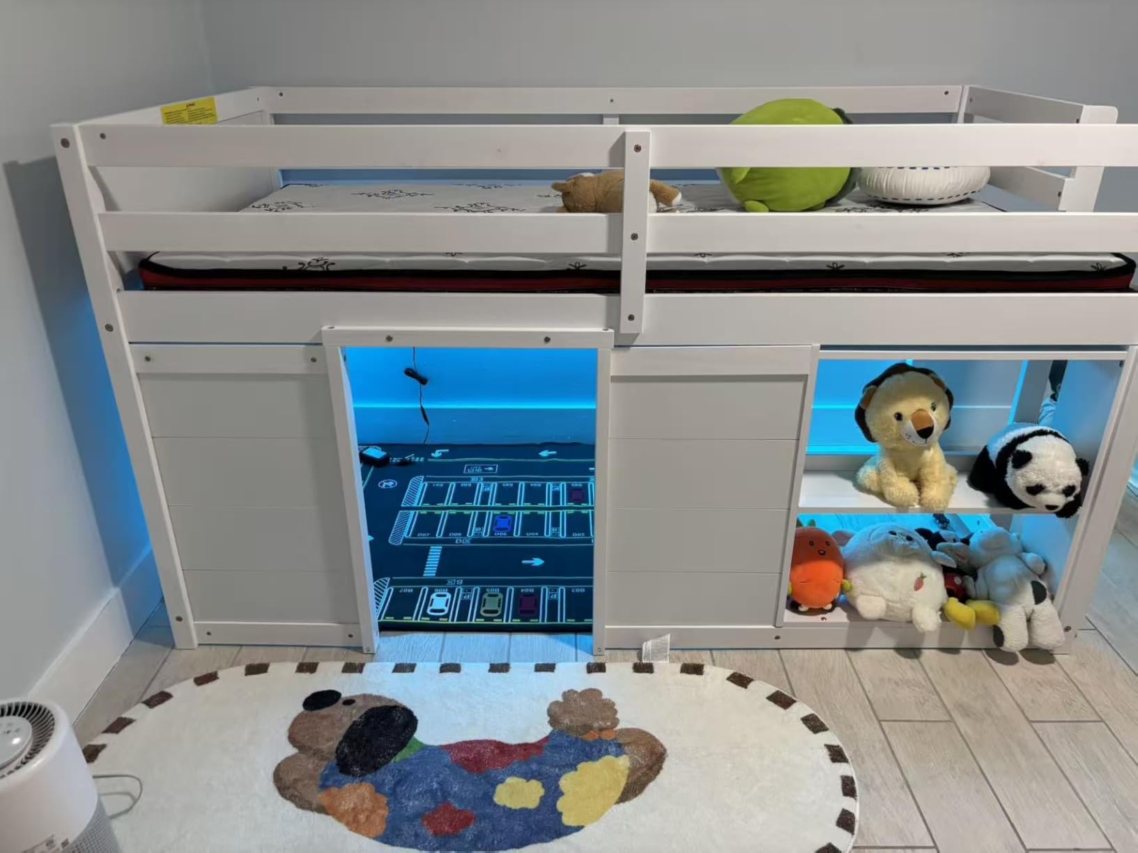 Giantex Loft Bed Twin Size with LED Lights, Wooden Low Bed Frames for Kids w/2 Doors, Under-Bed Play Space & Storage Bookcase, Modern Bedframe with Ladder & Safety Guardrail for Boys Girls (Grey) customer photo 1