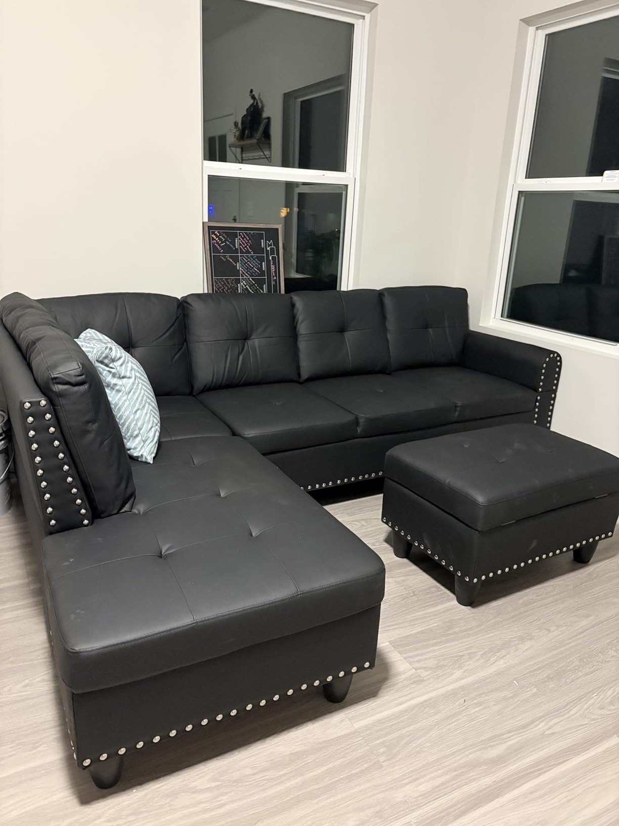 L-Shaped Sectional Sofa with Movable Chaise & Storage Ottoman - 3-Piece Leather Modular Convertible Couch for Living Room, Apartment & Home Office, Gloss Black customer photo 1