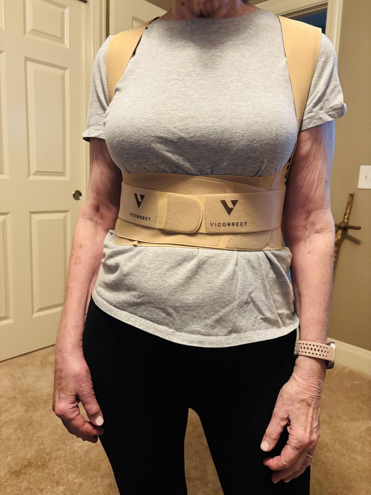 Vicorrect Adjustable Posture Corrector for Women: Comfortable Fit for Body Types - Invisible Under Clothes Wearable for Sitting and Exercise - Helps with Upper Back Shoulder Neck Pain (Beige, Medium) customer photo 2