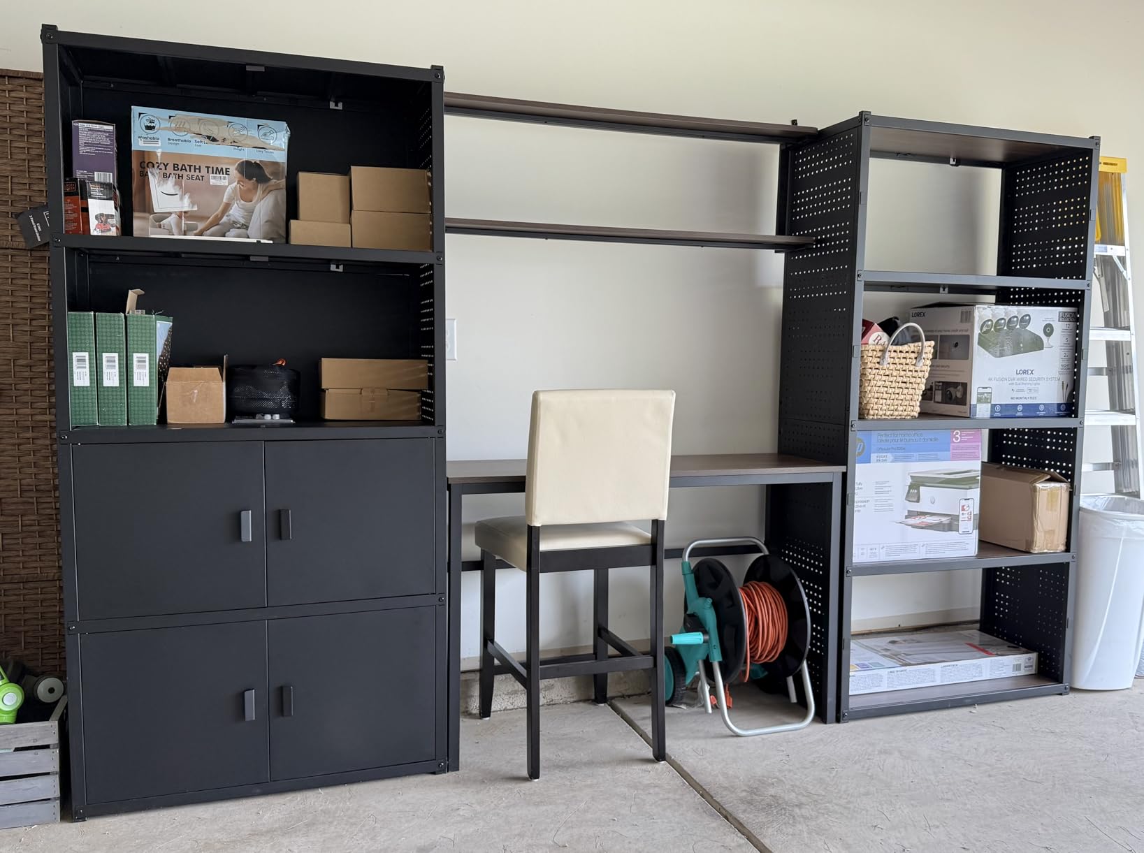 FLEXIMOUNTS Garage Storage Cabinet System, 3-in-1 Modular Metal Tool Cabinet w/ Workbench and Metal Board Shelf Includes Pegboard, 24-Gauge Steel, 117
