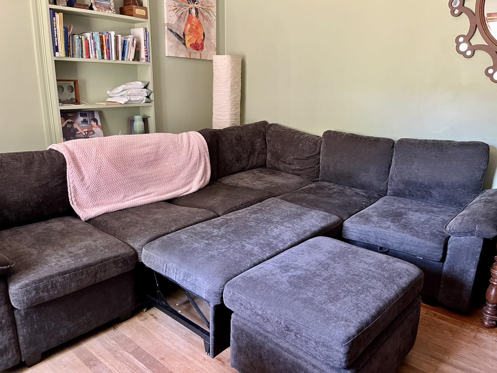 108 Inch Faux Leather Modular Sectional Sofa with Pull Out Bed, U Shaped 7 Seat Sectional Sleeper Sofa with Storage, Sectional Couches for Living Room, Cloud Modular Couch, Brown Leather customer photo 2