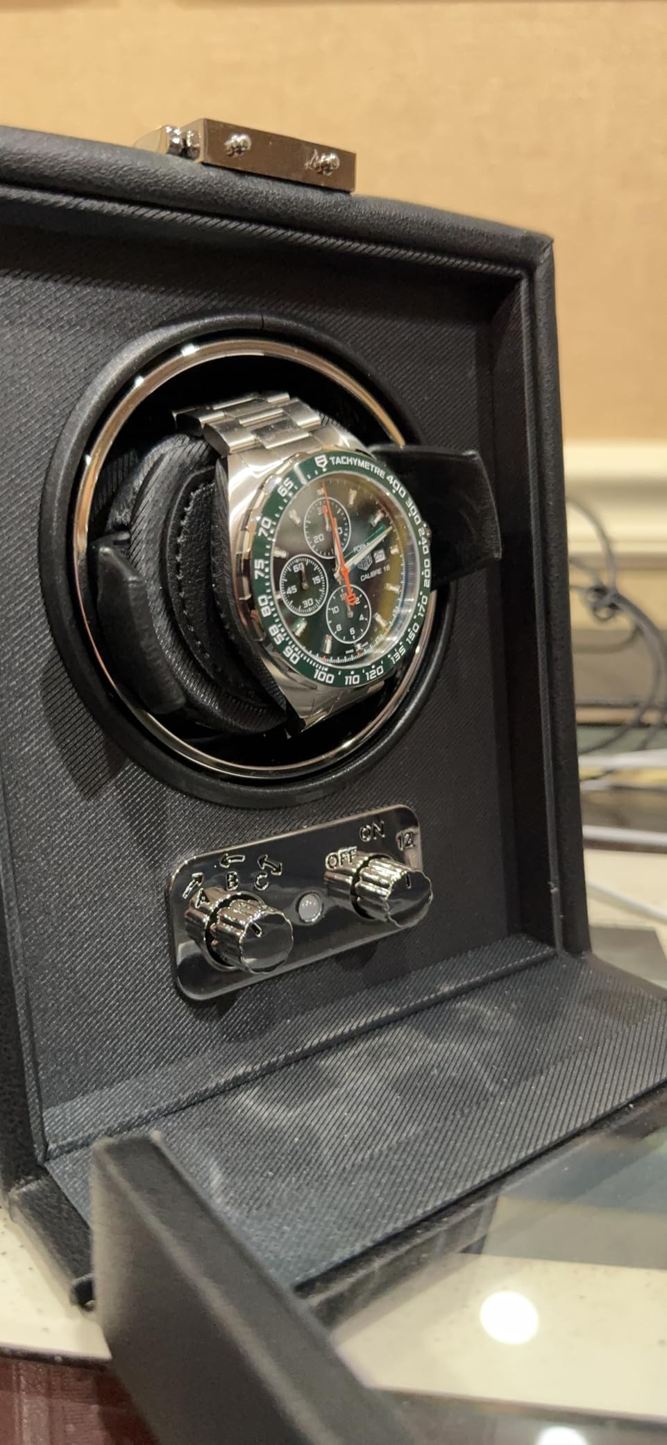 Wolf Heritage Single Winder with Glass Cover, Black - Secure Fit with Patented Lock-in Dynamic Cuff - for Bigger, Heavier Watches - Vegan Leather - Includes Universal Adapter customer photo 2