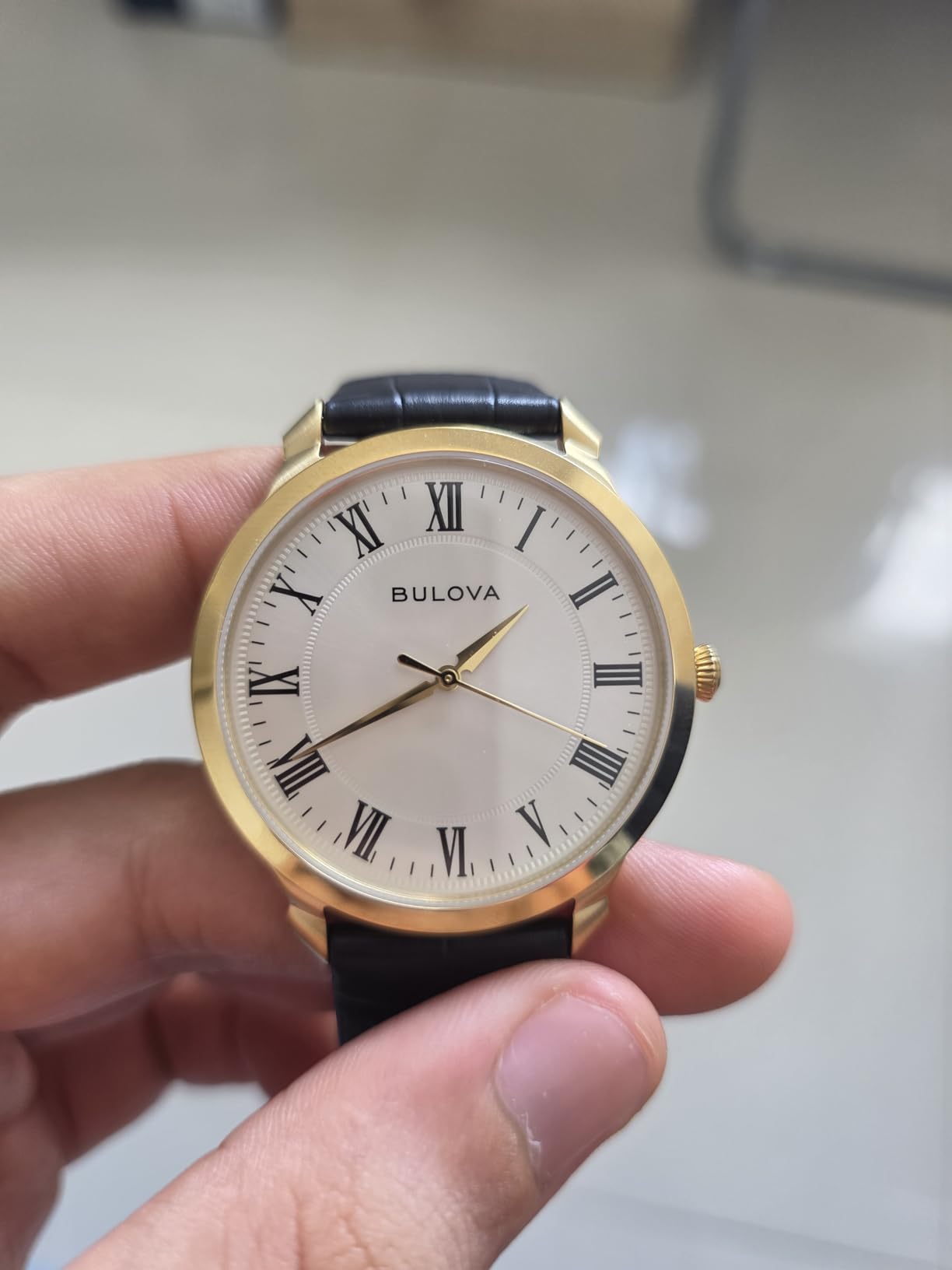 Bulova Men's Classic 3-Hand Quartz Black Leather Strap Watch, Roman Numeral Markers, 41mm customer photo 2