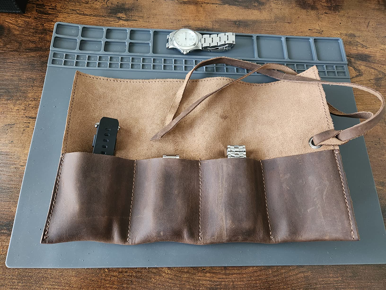 Hide & Drink, Leather Watch Roll Organizer Handmade from Full Grain Leather, Holds Up to 4 Watches, Easy Carry On Watchlover Storage (Swayze Suede) customer photo 2