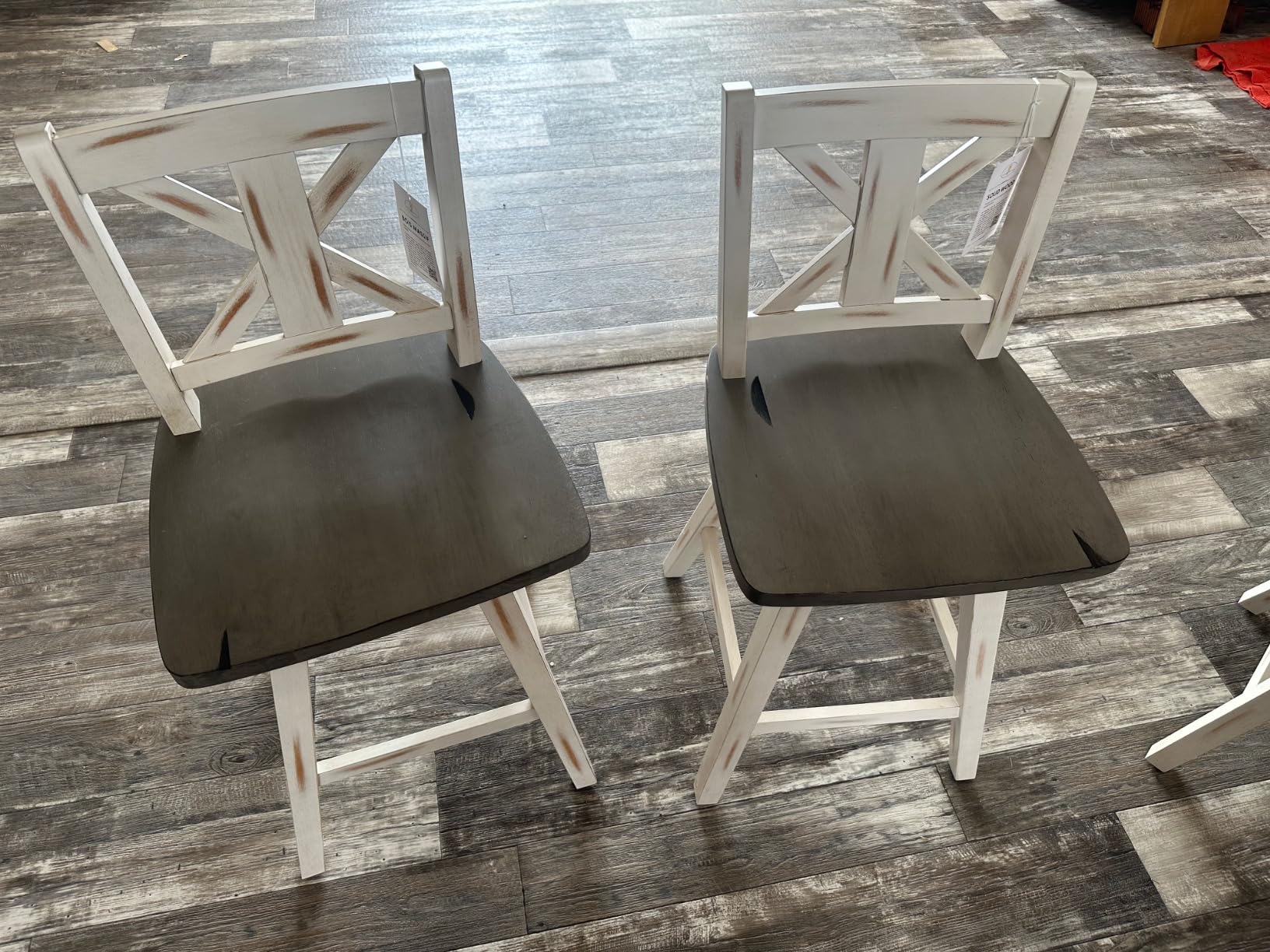 Lexicon Counter Height Stools Set of 2-Solid Wood Frame 360° Swivel Wooden Stools, Foot Rest, X Back, Wide Seat, Distressed Farmhouse Easy to Clean Finish, 24